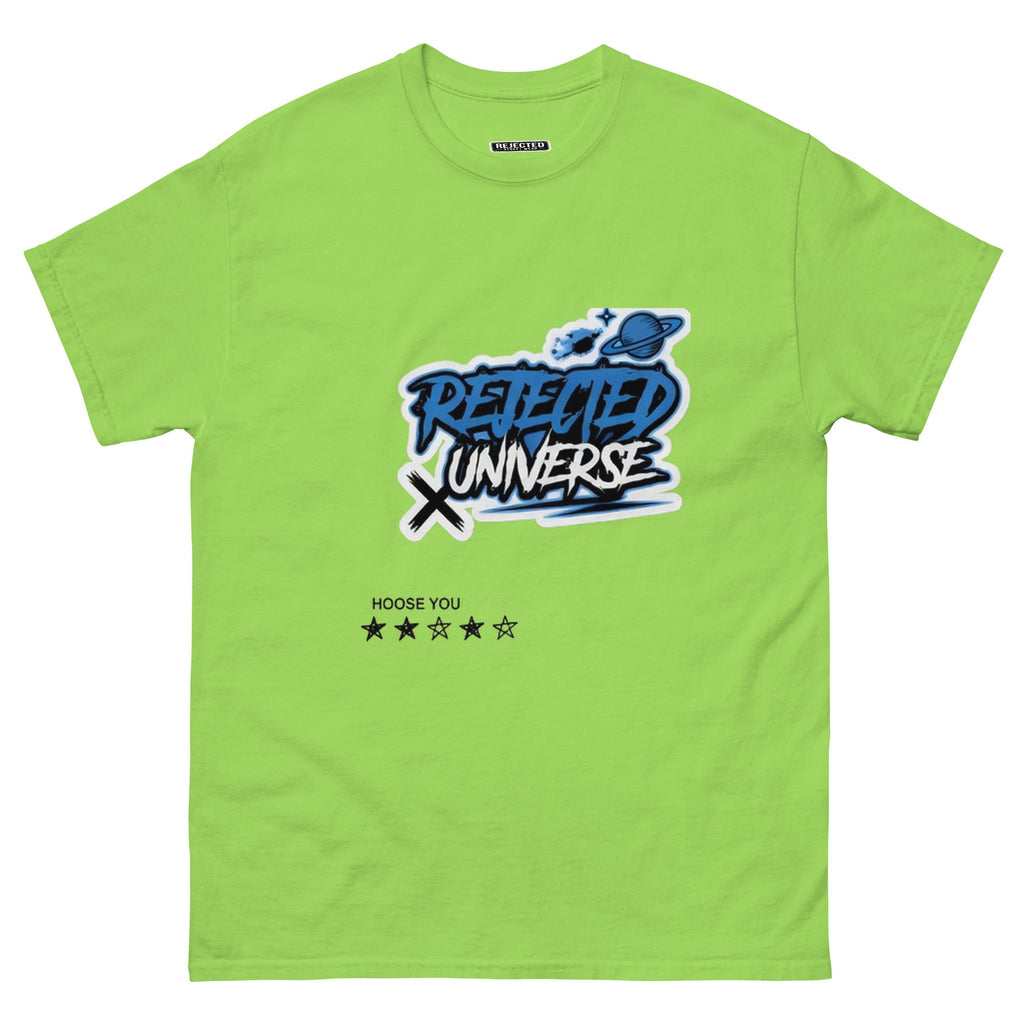 Rejected Universe logo tee in blue — graffiti tag with a planet and trailing stars
