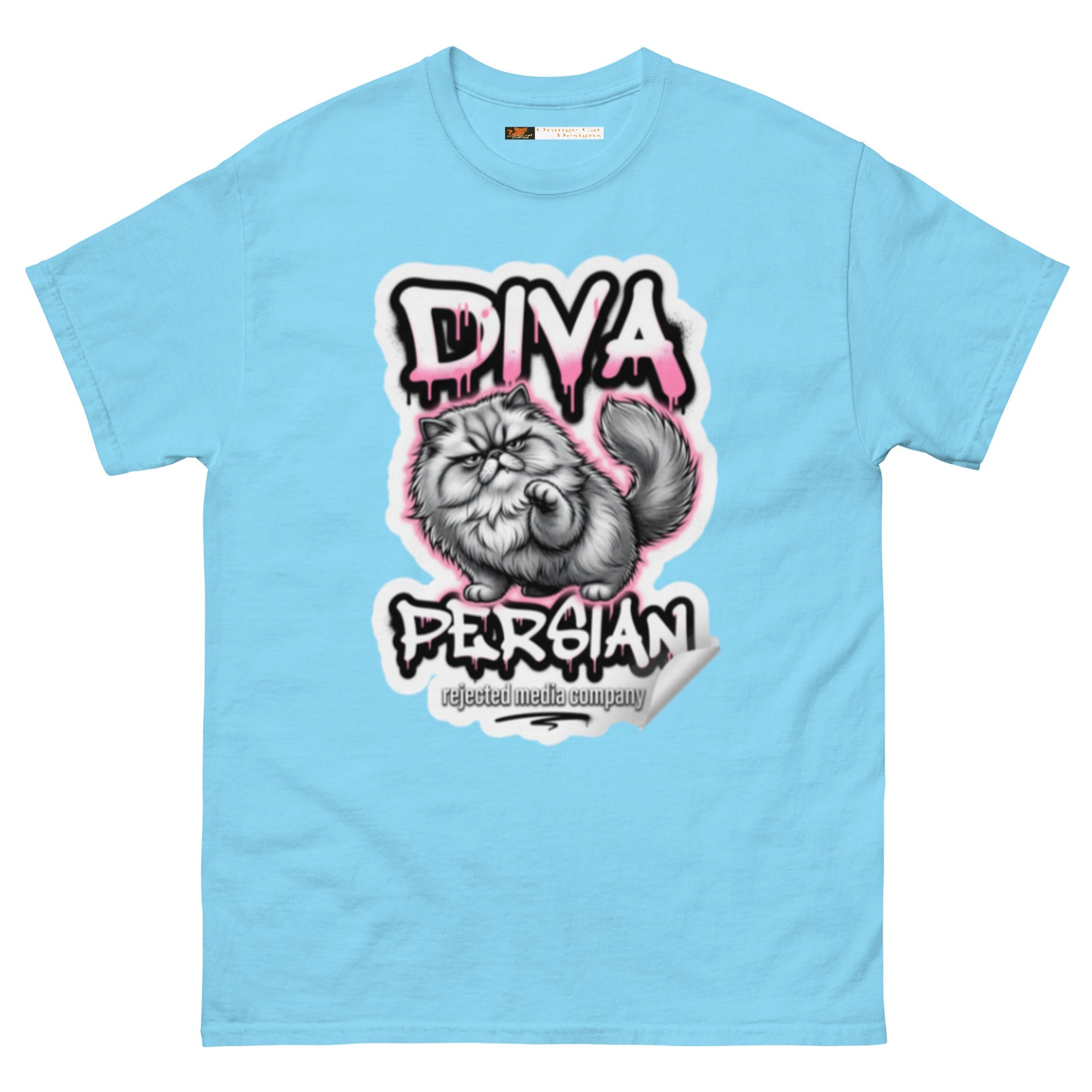 Diva Persian cat tee — fluffed-out Persian cat with an unimpressed face under pink graffiti drip lettering