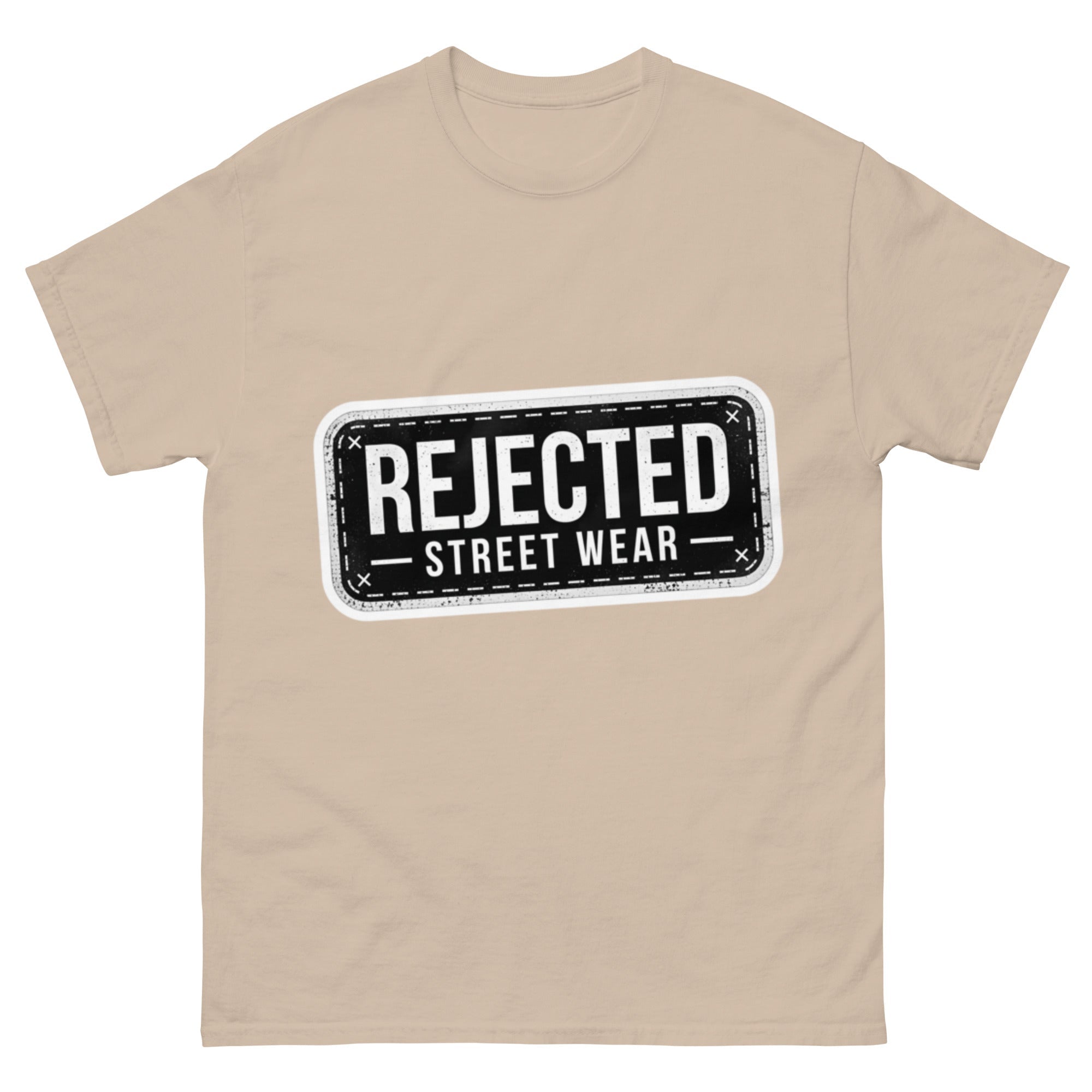 Rejected Street Wear plate logo tee — stamped black plate with a dashed border, corner x marks and REJECTED STREET WEAR inside