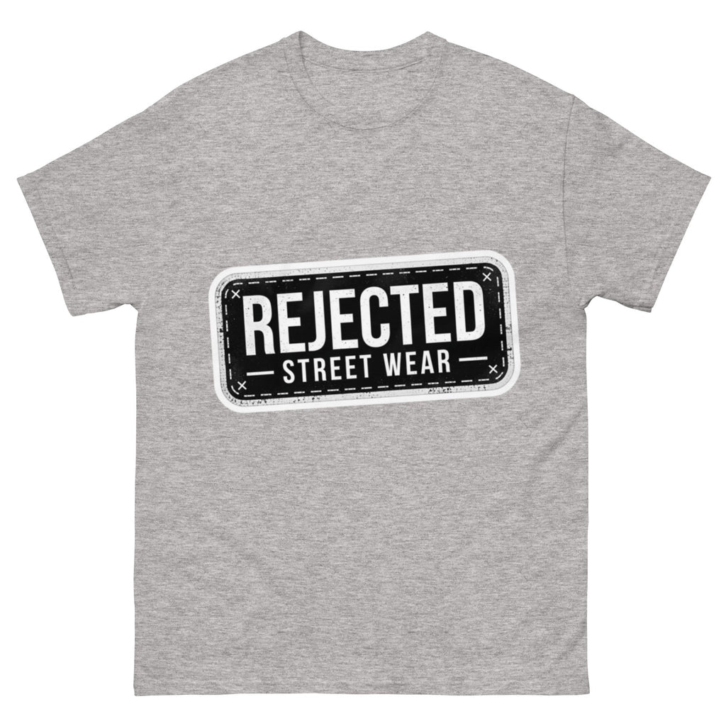Rejected Street Wear plate logo tee — stamped black plate with a dashed border, corner x marks and REJECTED STREET WEAR inside