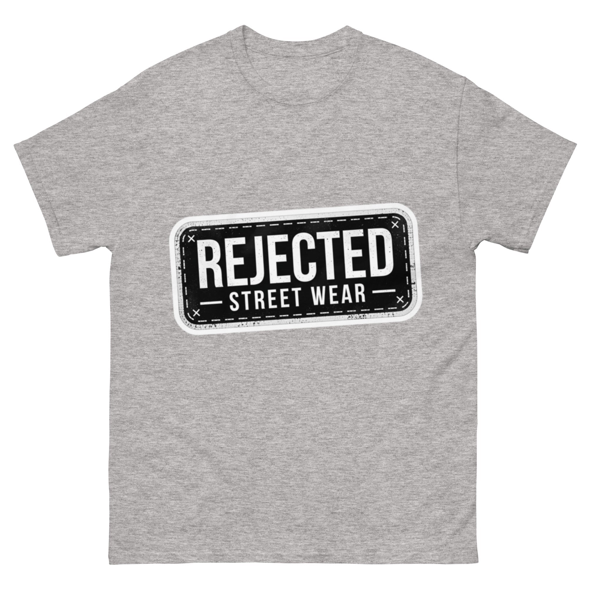 Rejected Street Wear plate logo tee — stamped black plate with a dashed border, corner x marks and REJECTED STREET WEAR inside