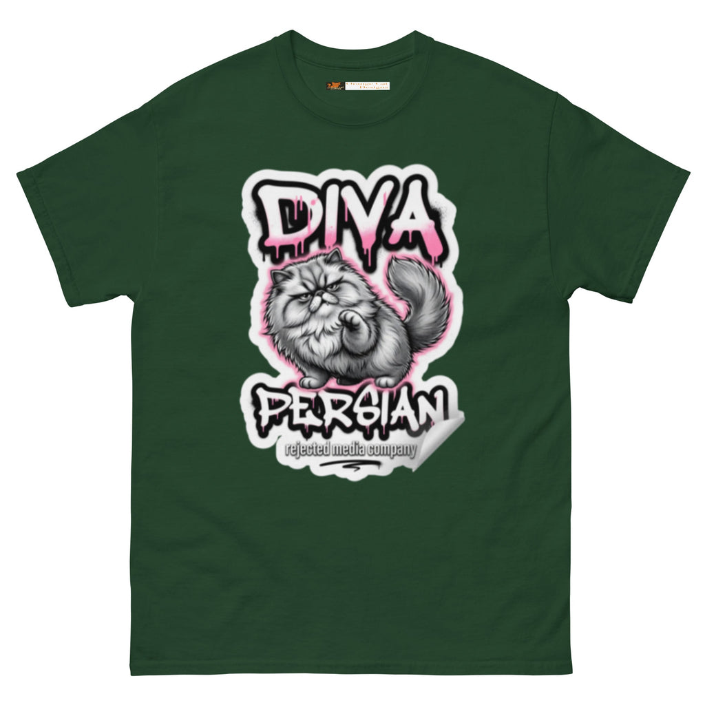 Diva Persian cat tee — fluffed-out Persian cat with an unimpressed face under pink graffiti drip lettering