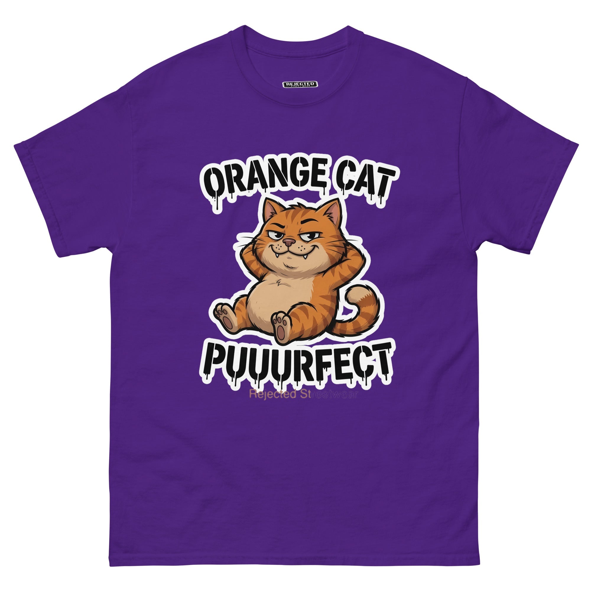 Orange Cat Puuurfect tee — chunky reclined orange tabby under arched drippy graffiti lettering