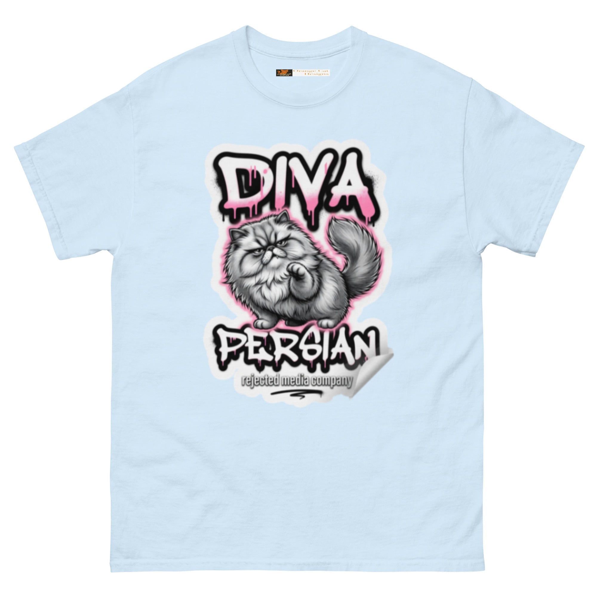 Diva Persian cat tee — fluffed-out Persian cat with an unimpressed face under pink graffiti drip lettering