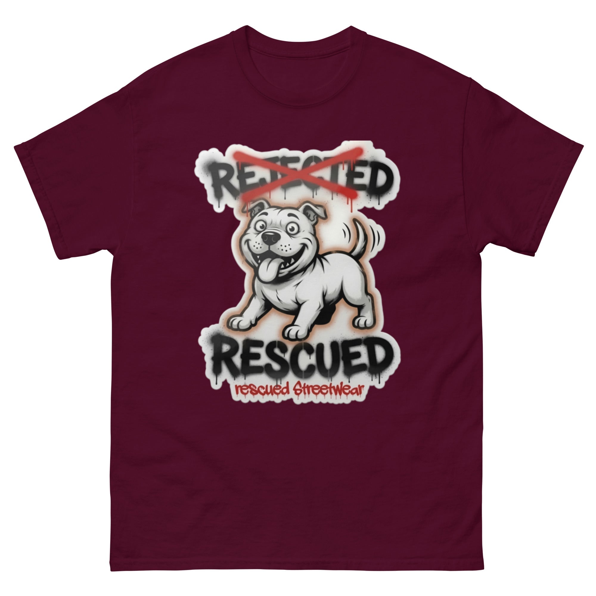 Rescued pit bull tee — white pit bull with REJECTED crossed out in red and RESCUED sprayed underneath
