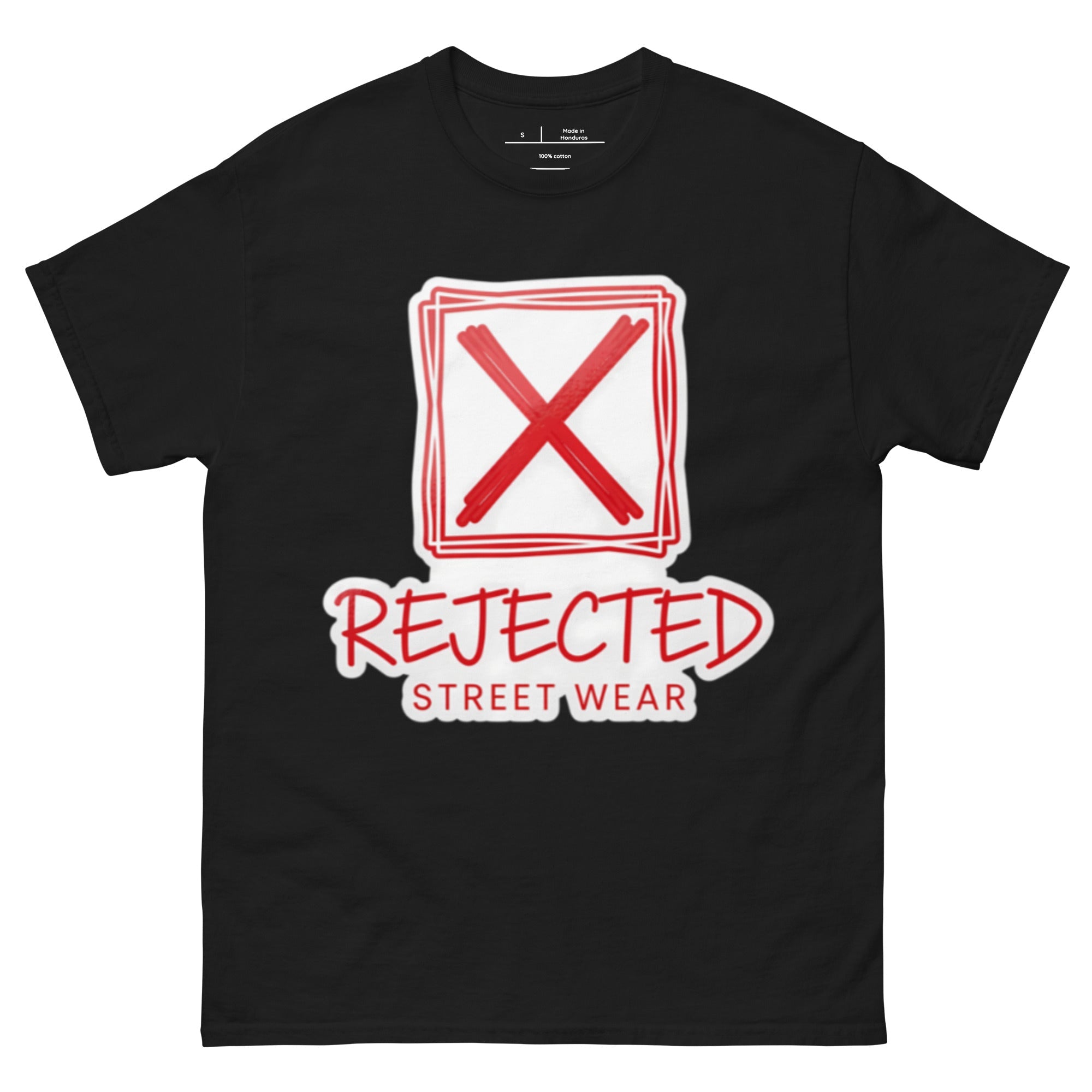 Rejected Street Wear box logo tee — hand-drawn red frame with a brushed X and REJECTED STREET WEAR in red beneath
