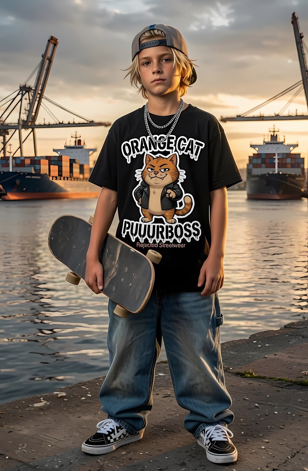 Purrboss orange cat tee — orange tabby in a leather jacket, arms crossed, under arched graffiti lettering