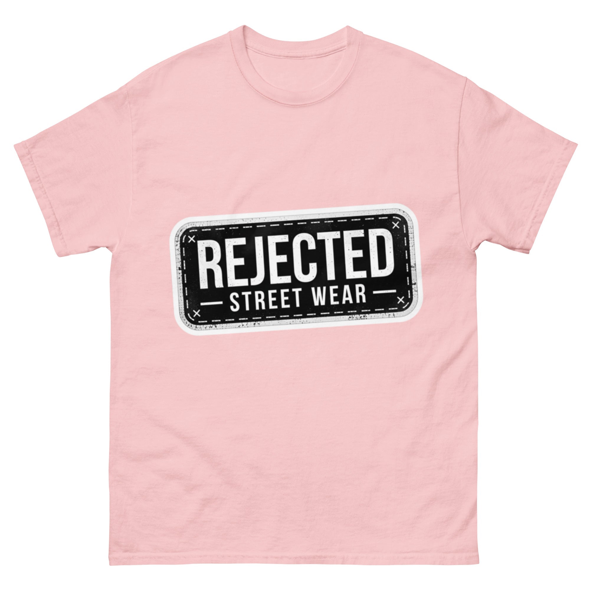 Rejected Street Wear plate logo tee — stamped black plate with a dashed border, corner x marks and REJECTED STREET WEAR inside
