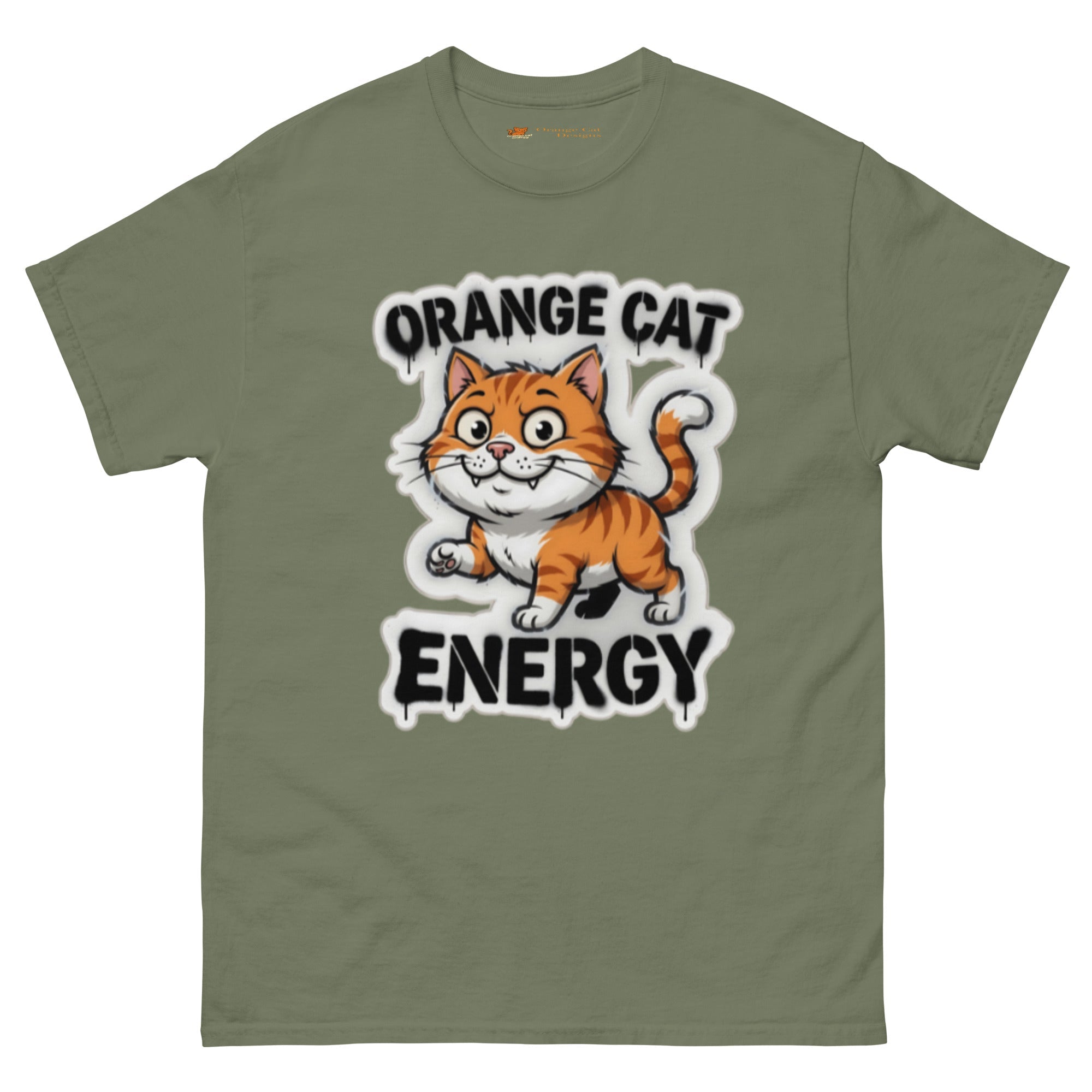 Orange Cat Energy tee — wide-eyed orange tabby mid-launch under drippy graffiti lettering