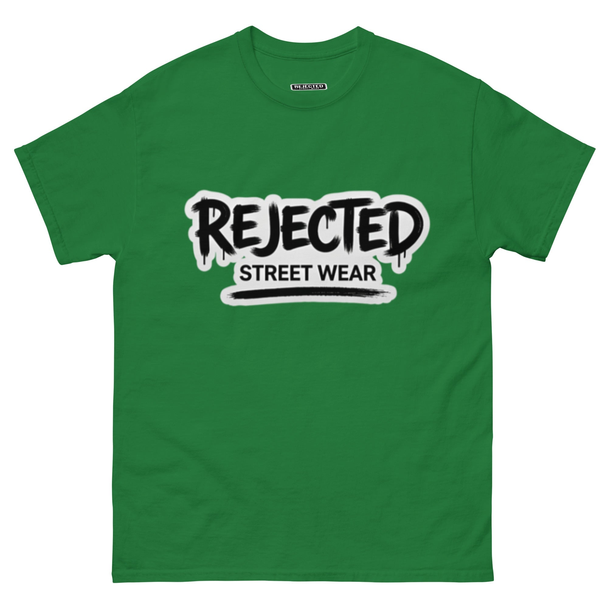 Rejected Street Wear graffiti logo tee — REJECTED in dripping spray-paint script over underlined STREET WEAR