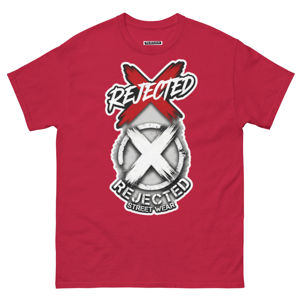 Reject Labels Be Human tee — REJECTED crossed out in red above the X emblem with the word Human underneath