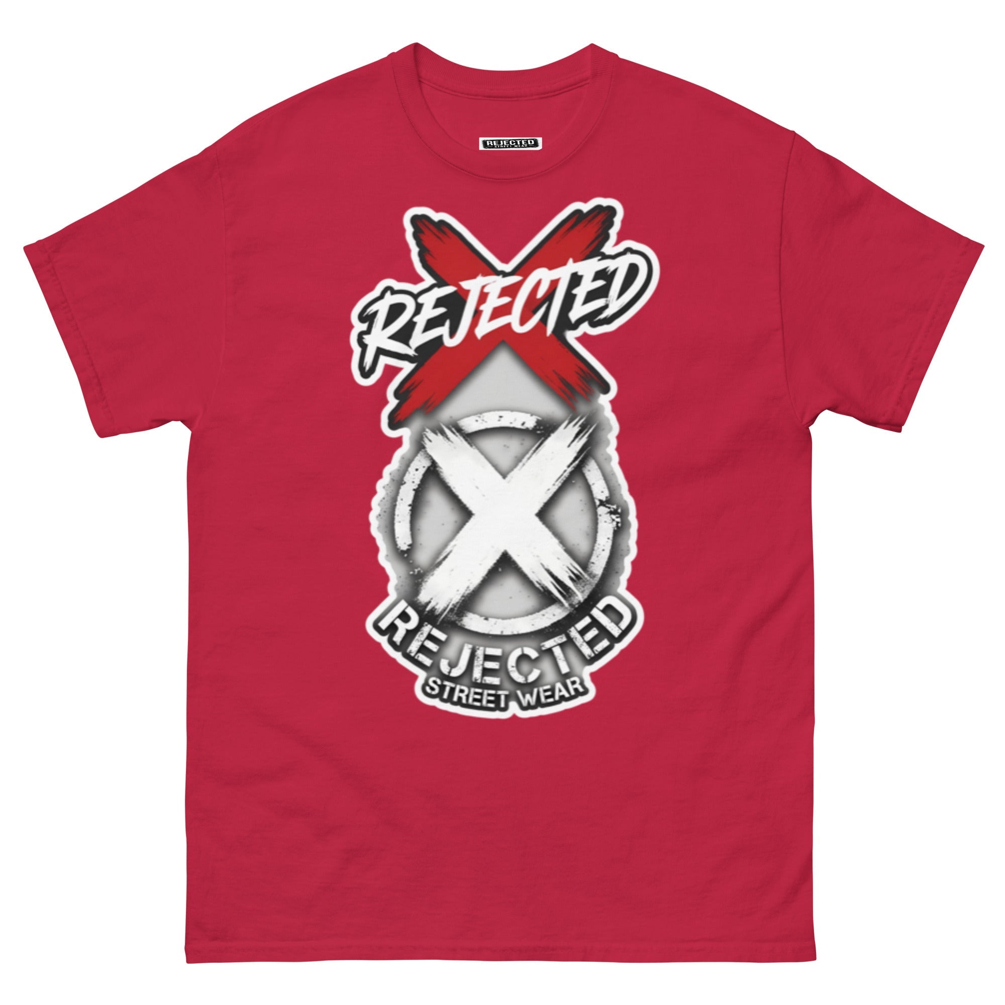 Reject Labels Be Human tee — REJECTED crossed out in red above the X emblem with the word Human underneath