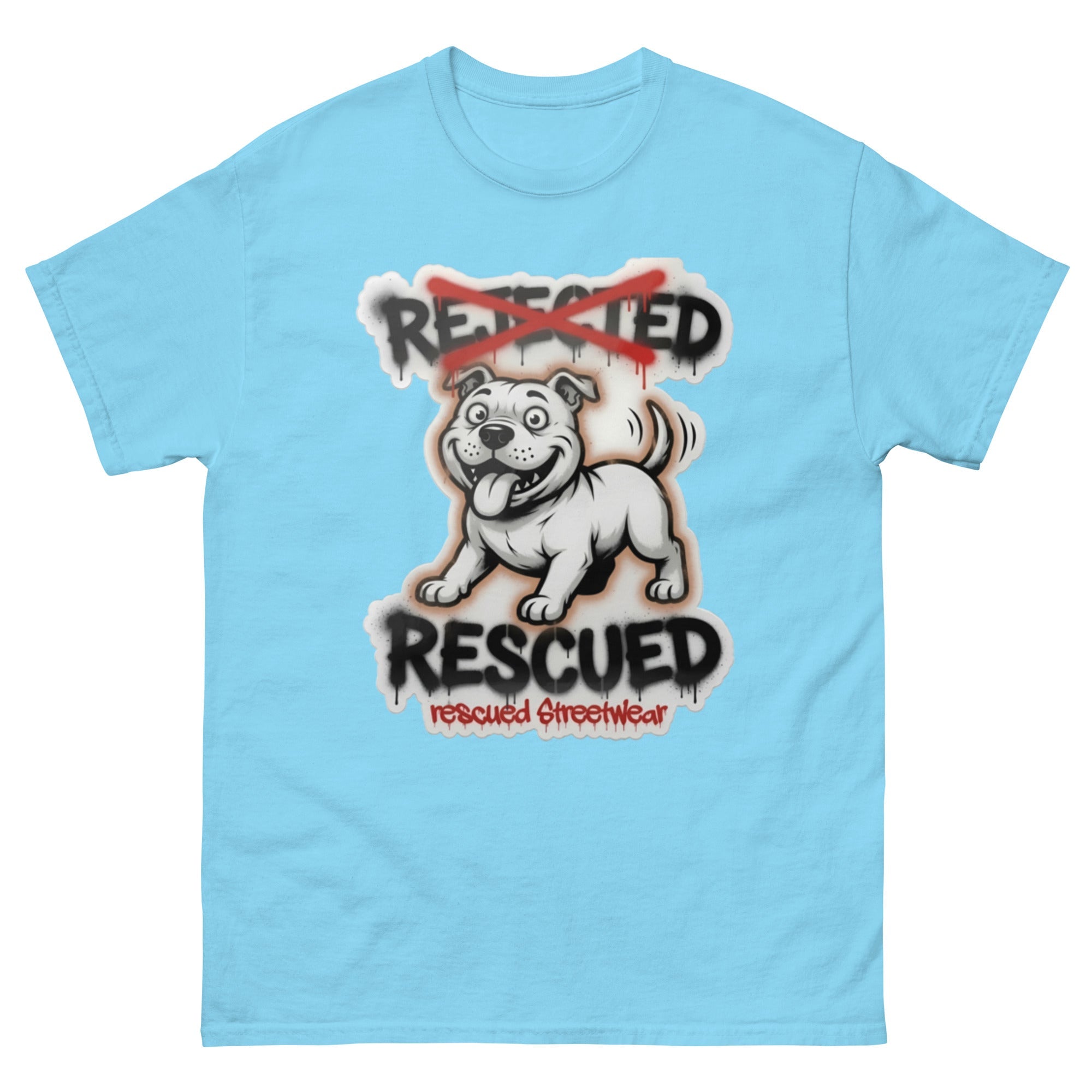 Rescued pit bull tee — white pit bull with REJECTED crossed out in red and RESCUED sprayed underneath