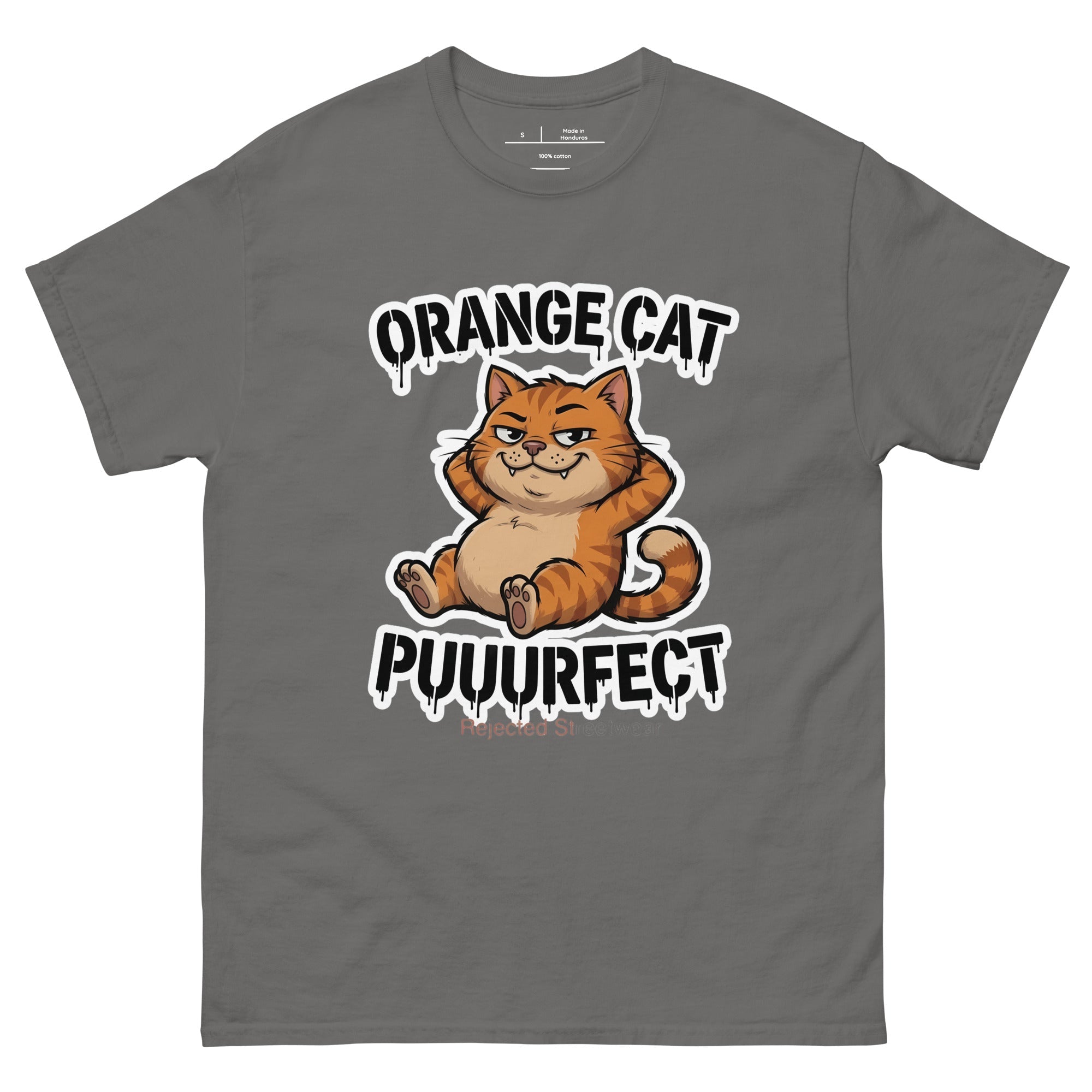 Orange Cat Puuurfect tee — chunky reclined orange tabby under arched drippy graffiti lettering