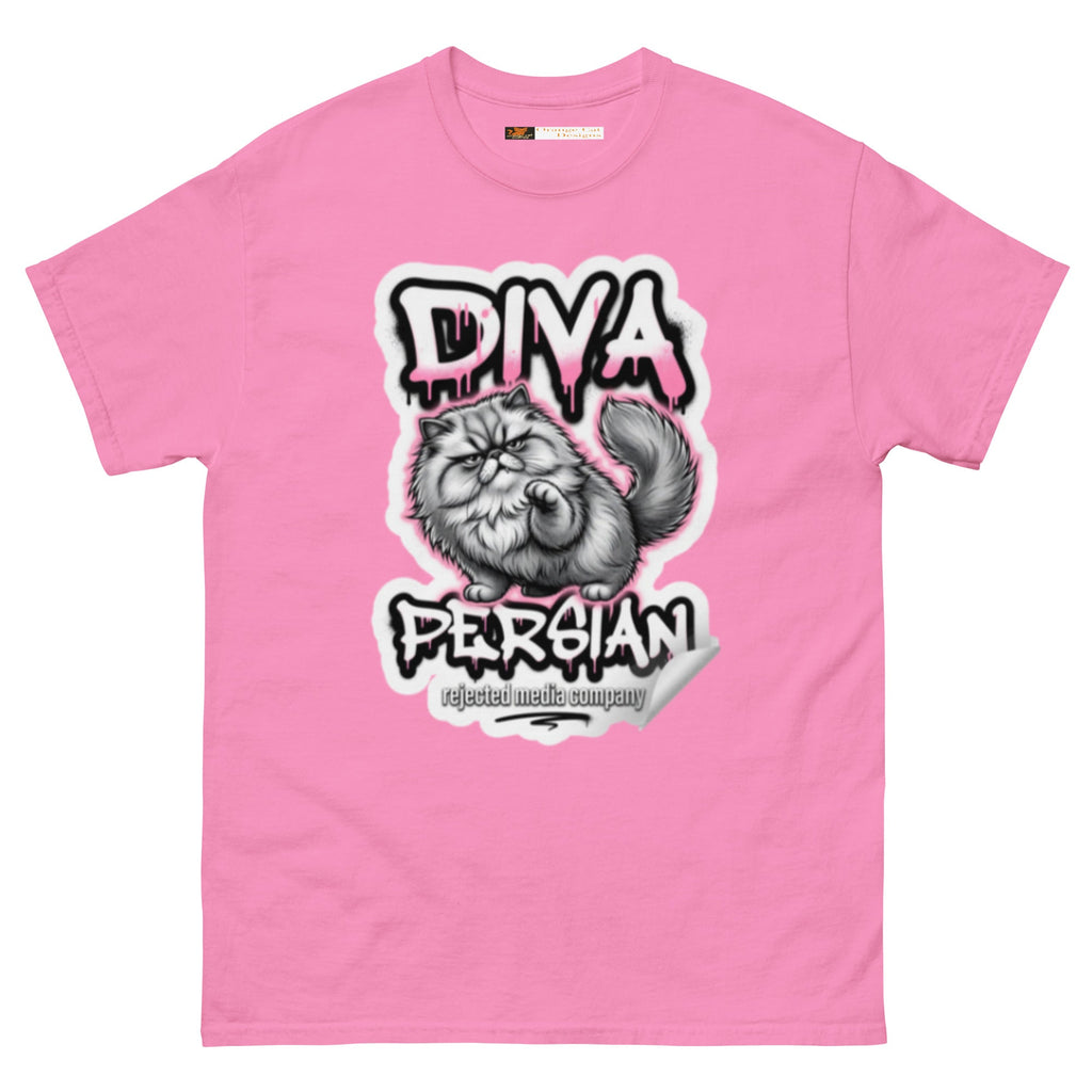 Diva Persian cat tee — fluffed-out Persian cat with an unimpressed face under pink graffiti drip lettering