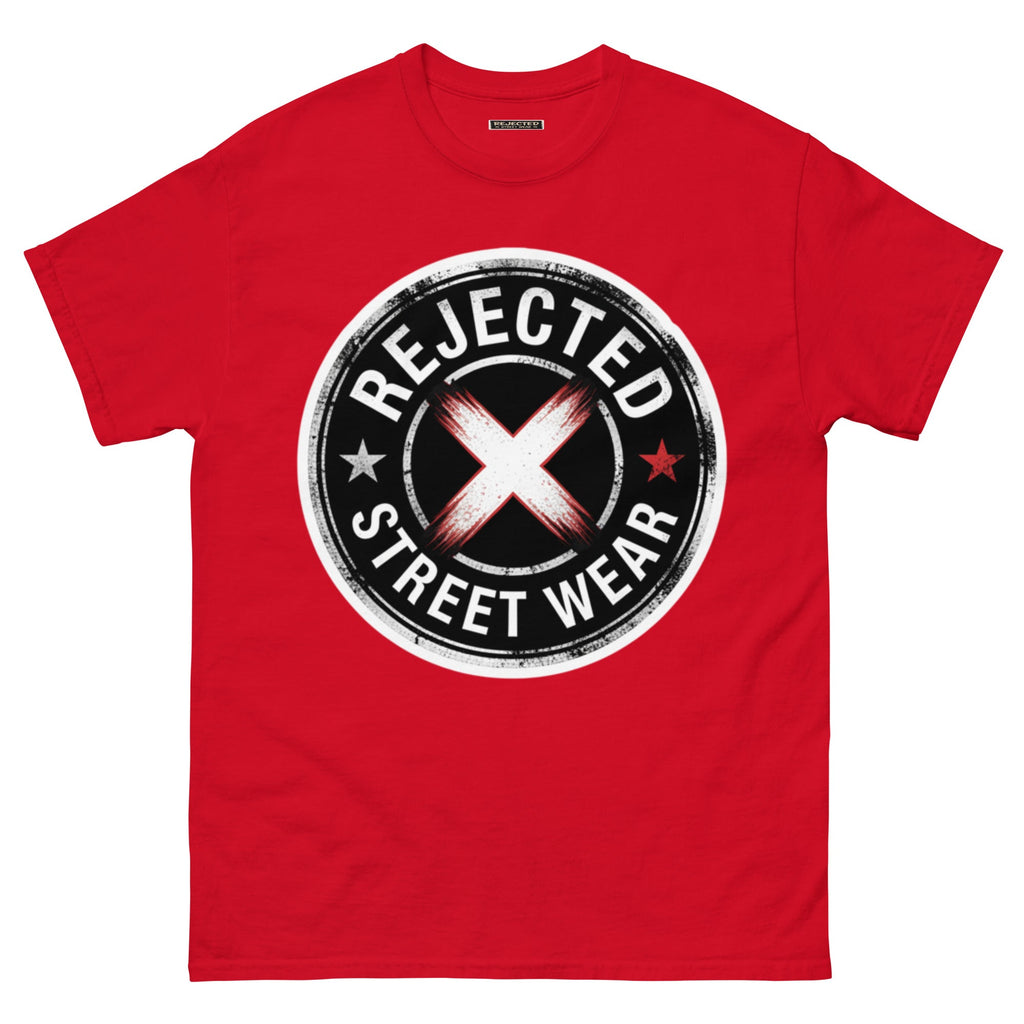 Rejected Street Wear barbed wire seal tee — distressed circular badge with REJECTED arched over a red and white brushed X