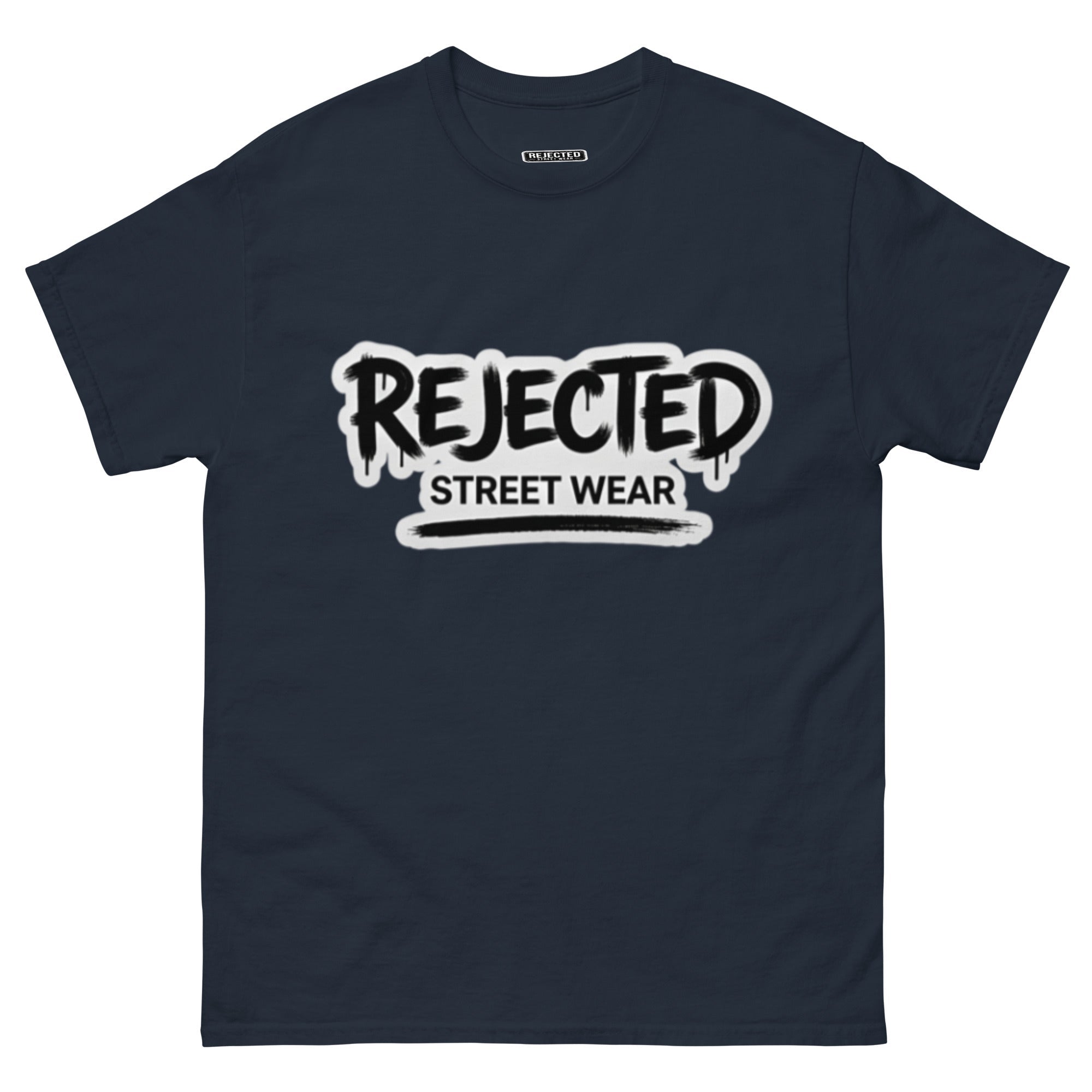 Rejected Street Wear graffiti logo tee — REJECTED in dripping spray-paint script over underlined STREET WEAR