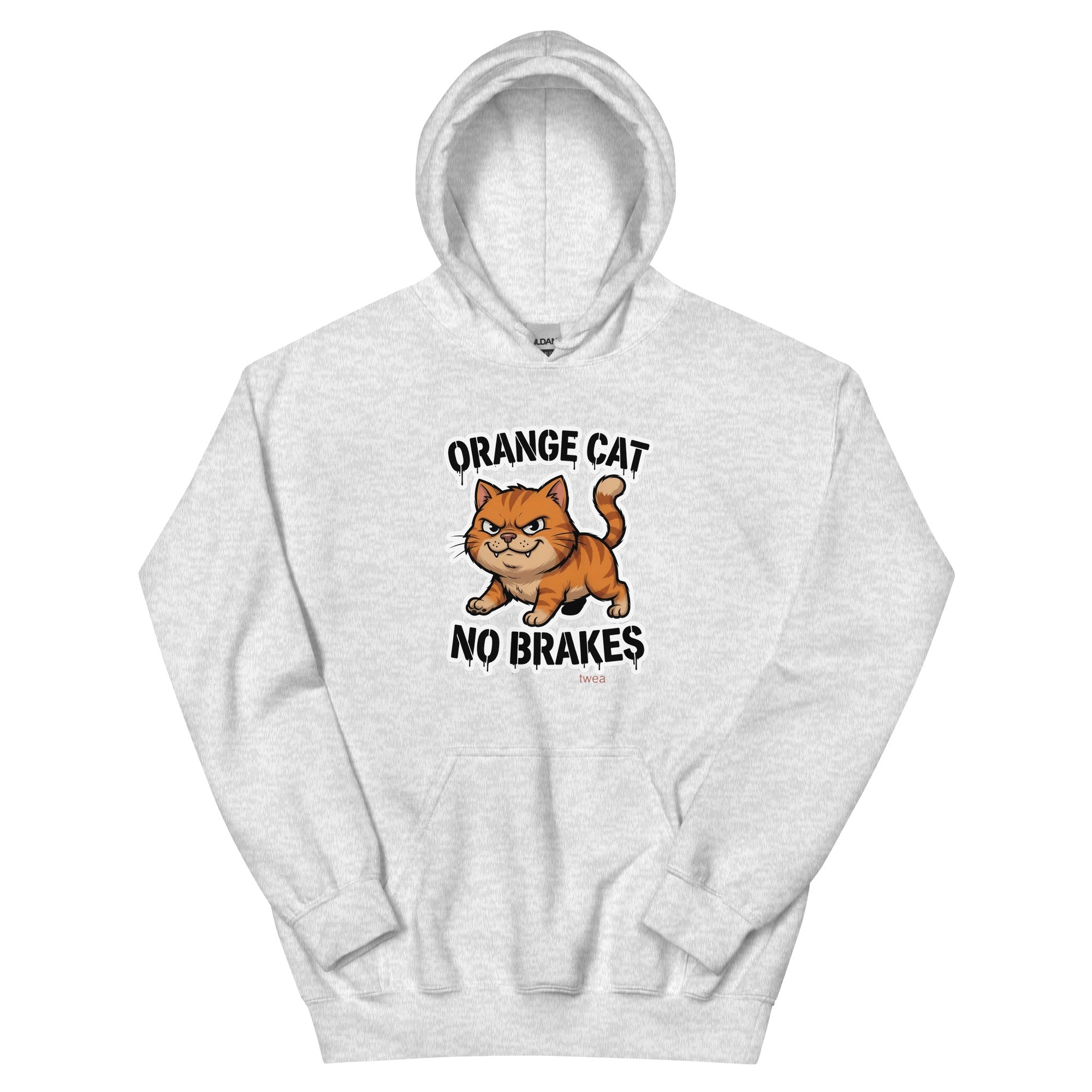 Orange Cat No Brakes hoodie — scowling orange tabby at full sprint under drippy graffiti lettering