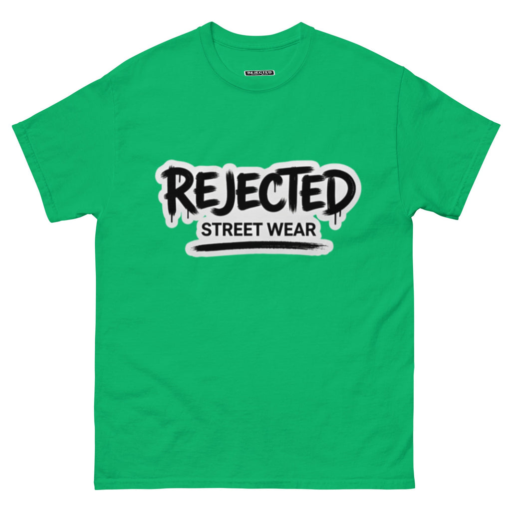Rejected Street Wear graffiti logo tee — REJECTED in dripping spray-paint script over underlined STREET WEAR