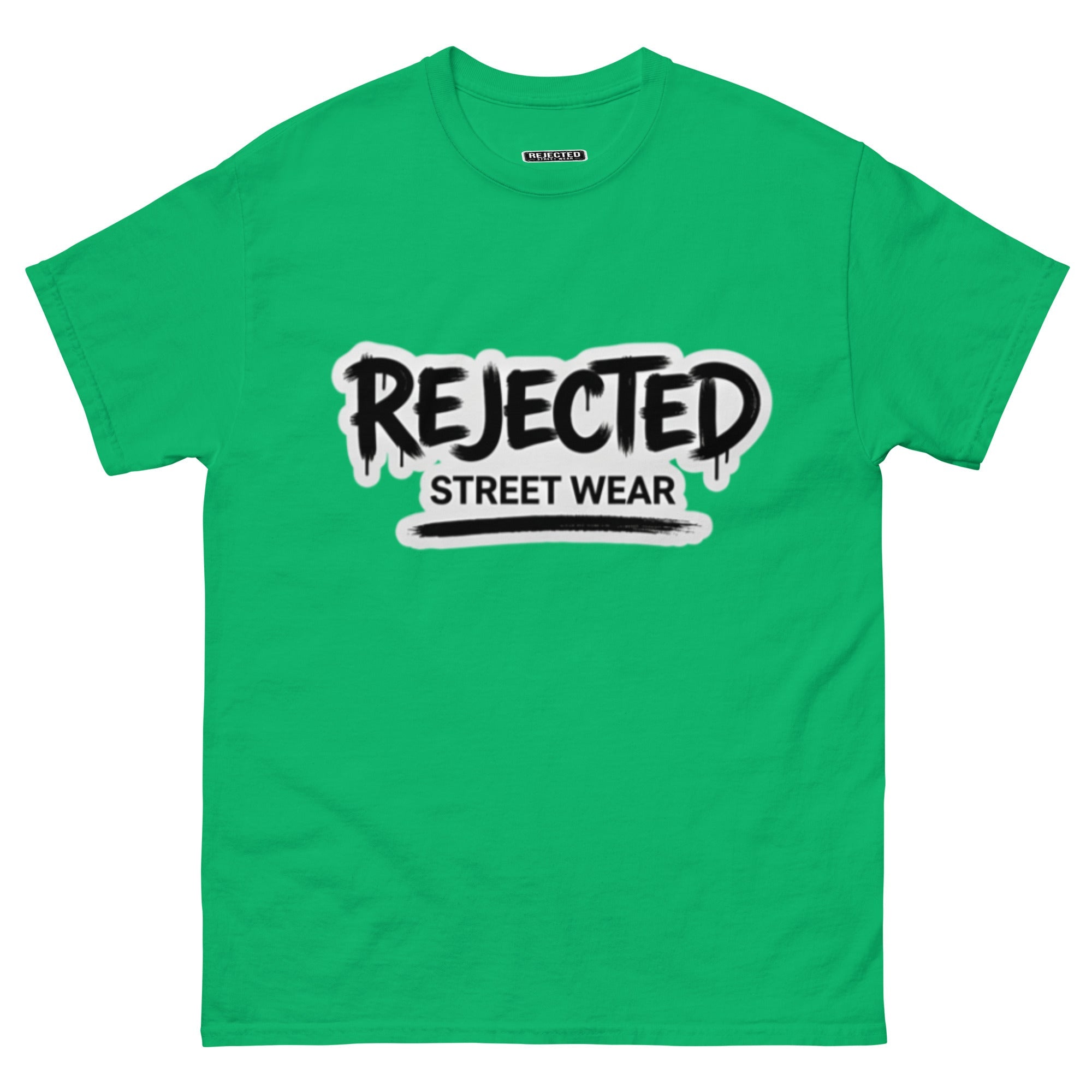 Rejected Street Wear graffiti logo tee — REJECTED in dripping spray-paint script over underlined STREET WEAR
