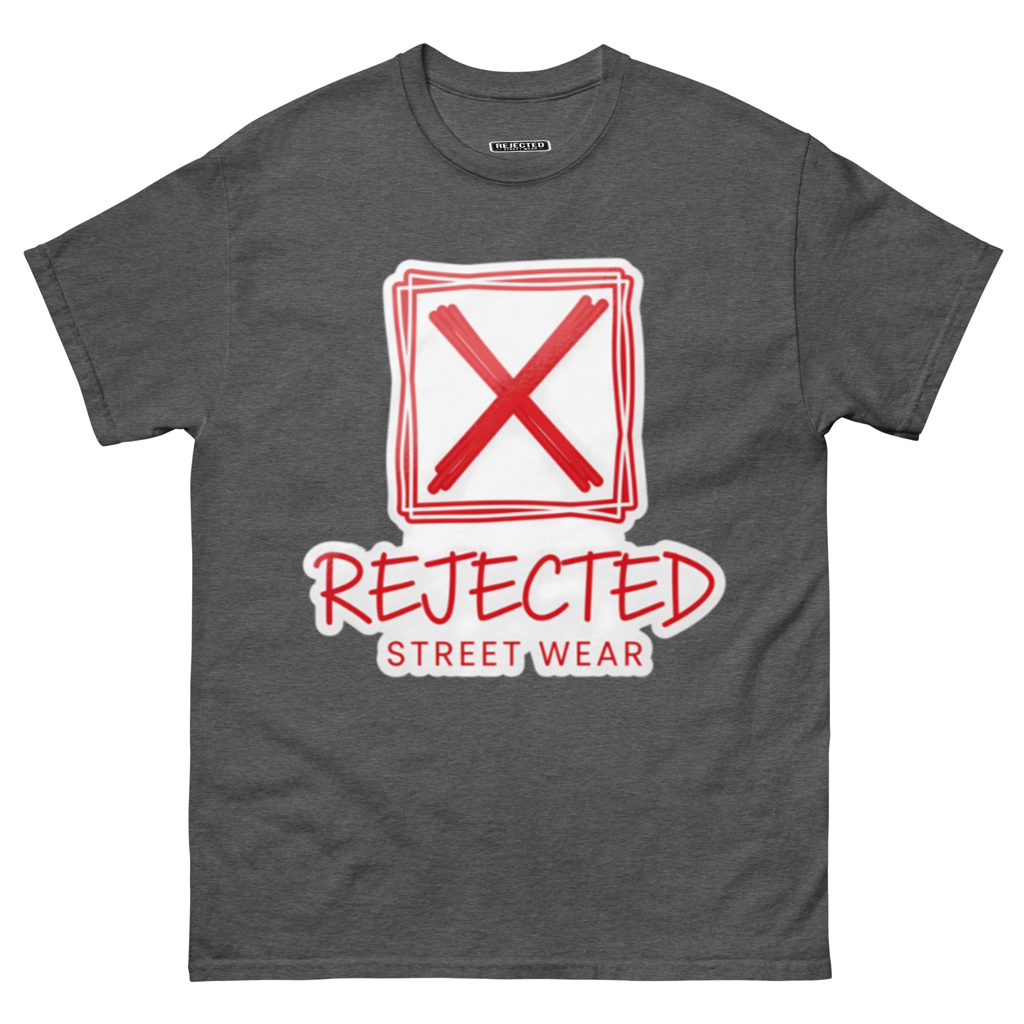 Rejected Street Wear box logo tee — hand-drawn red frame with a brushed X and REJECTED STREET WEAR in red beneath