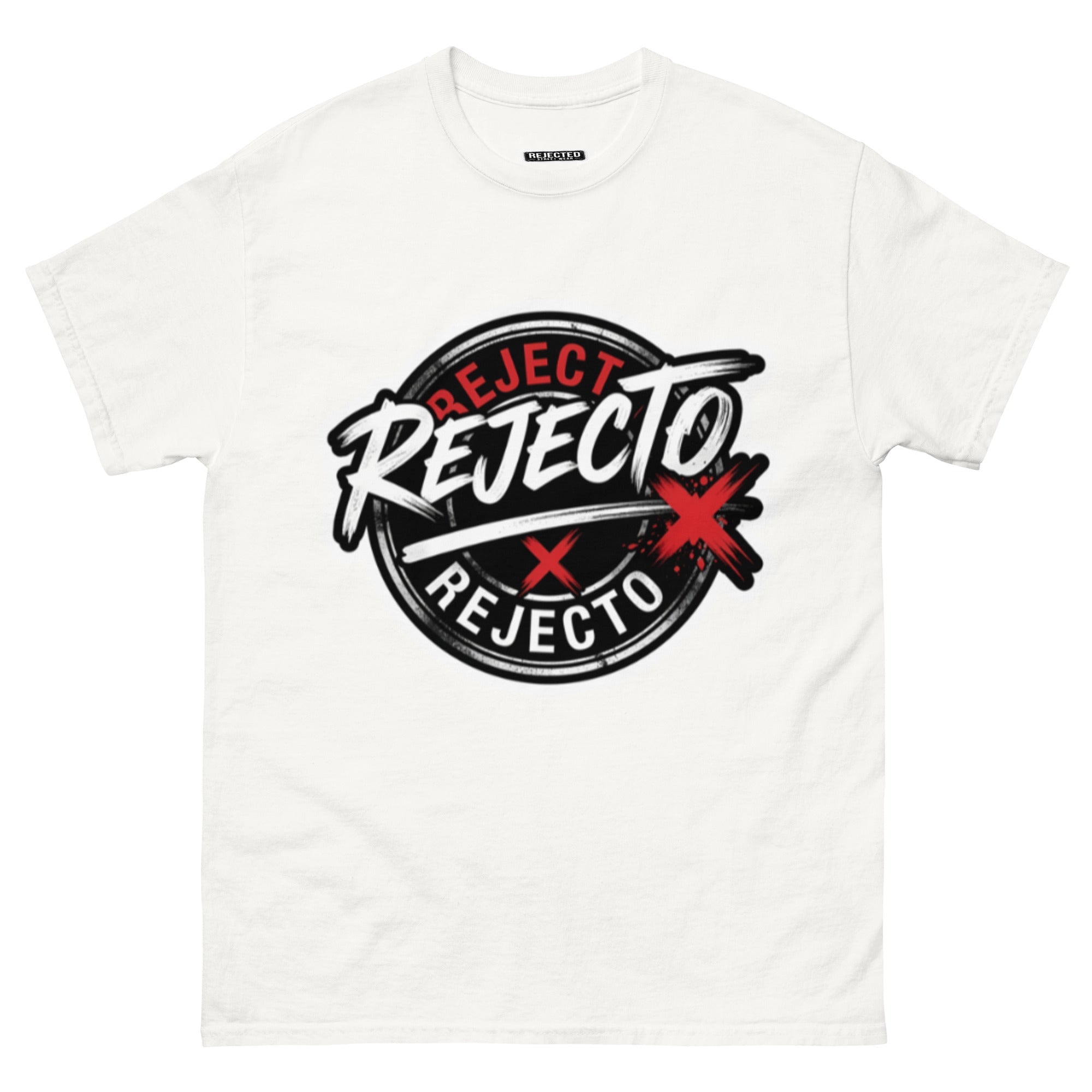 Rejected Street Wear emblem tee — black circle badge with white brush script and a red X slash