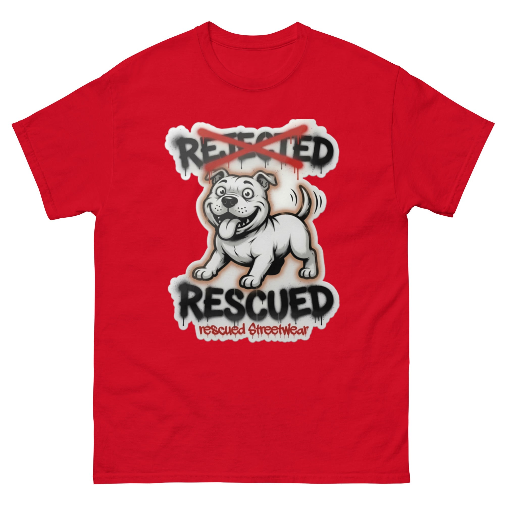 Rescued pit bull tee — white pit bull with REJECTED crossed out in red and RESCUED sprayed underneath