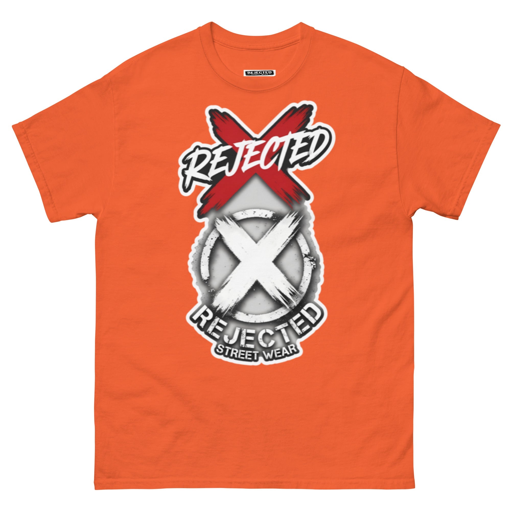Reject Labels Be Human tee — REJECTED crossed out in red above the X emblem with the word Human underneath