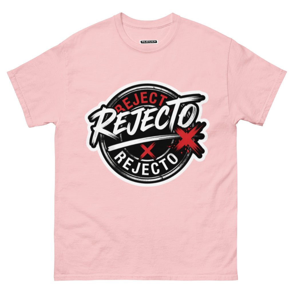 Rejected Street Wear emblem tee — black circle badge with white brush script and a red X slash
