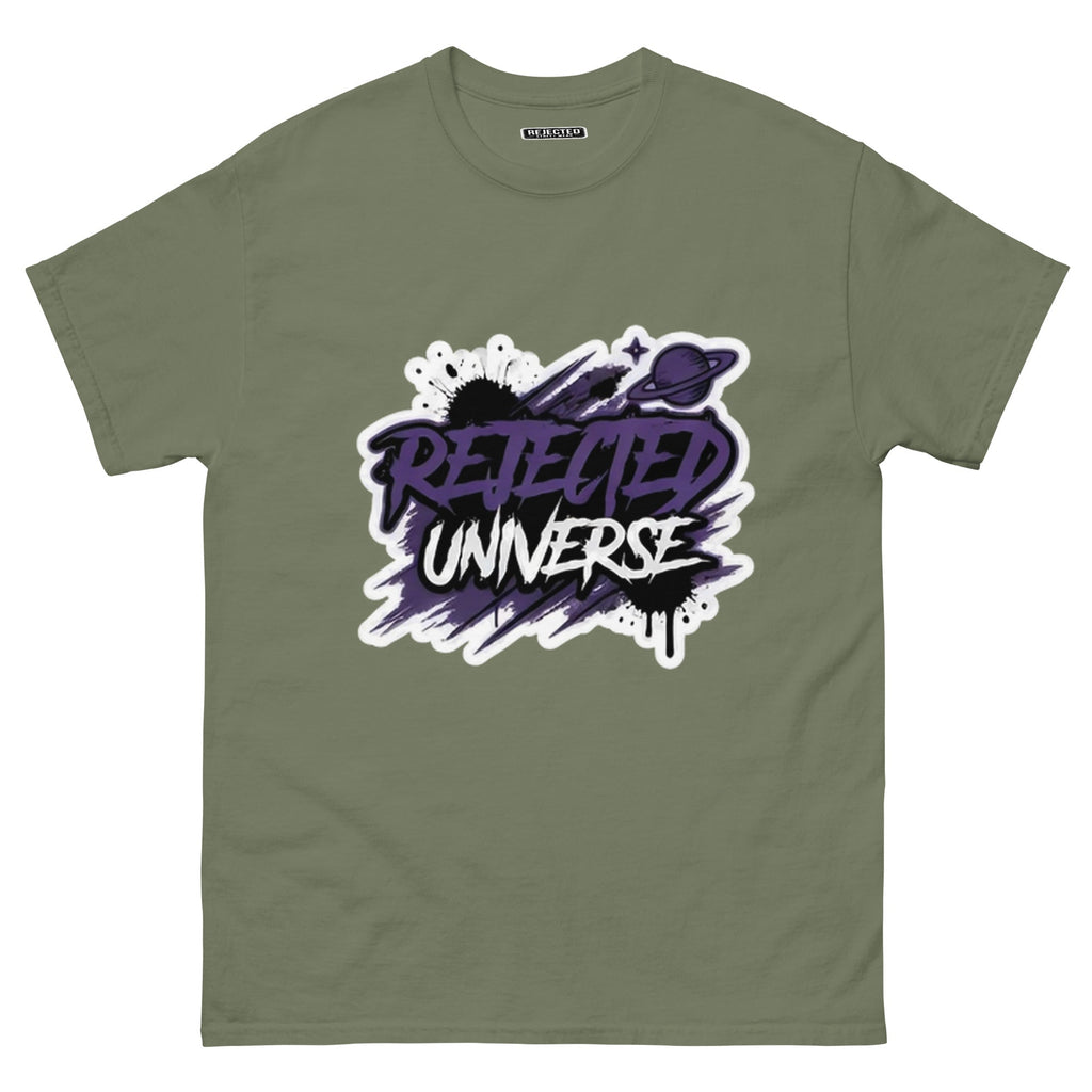 Rejected Universe logo tee in purple — leaning graffiti tag with an orbiting planet and spray splatter