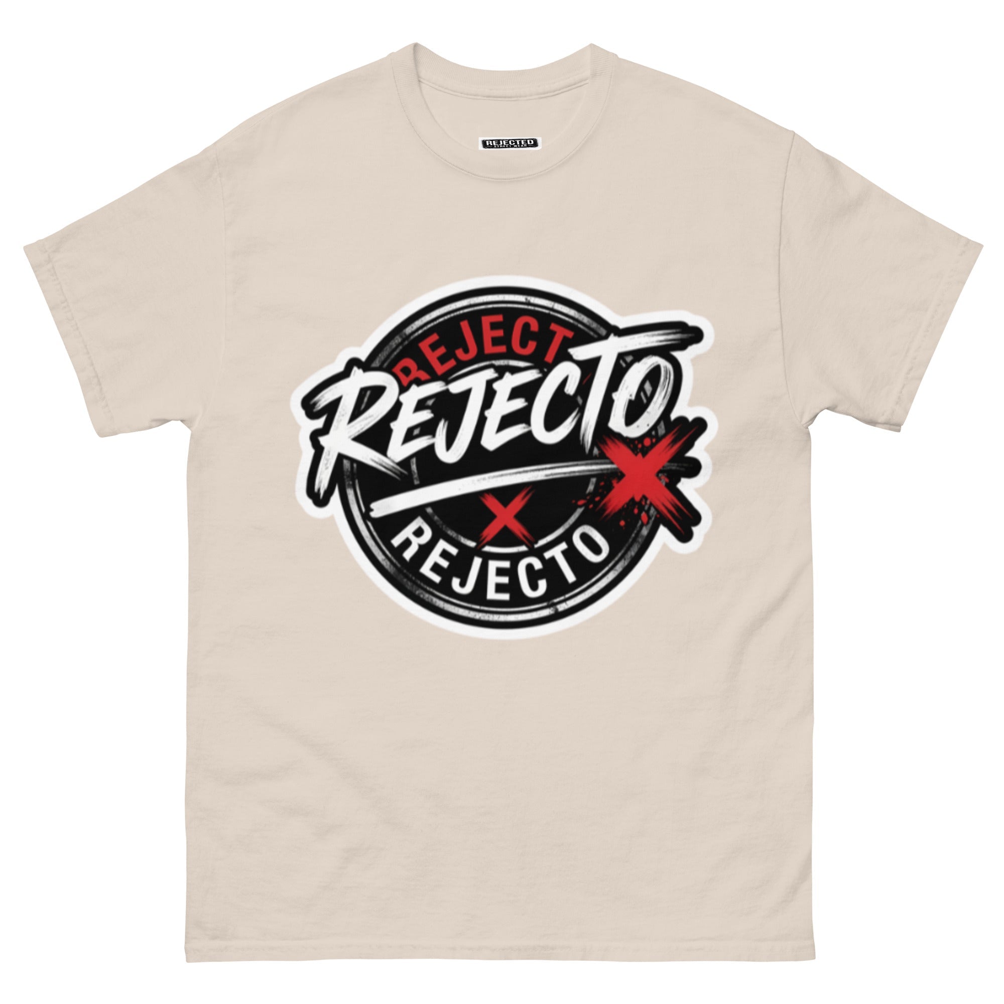 Rejected Street Wear emblem tee — black circle badge with white brush script and a red X slash