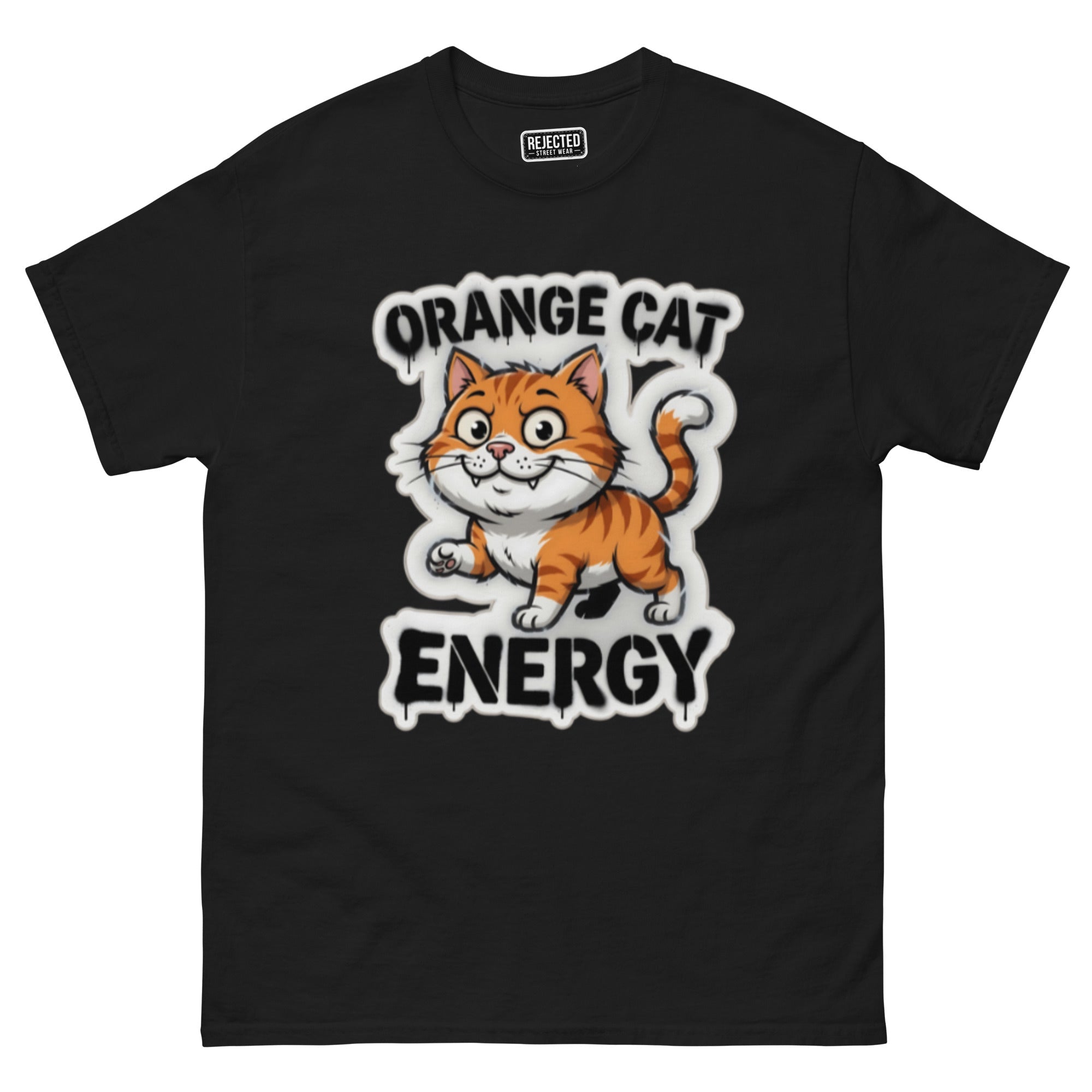 Orange Cat Energy tee — wide-eyed orange tabby mid-launch under drippy graffiti lettering