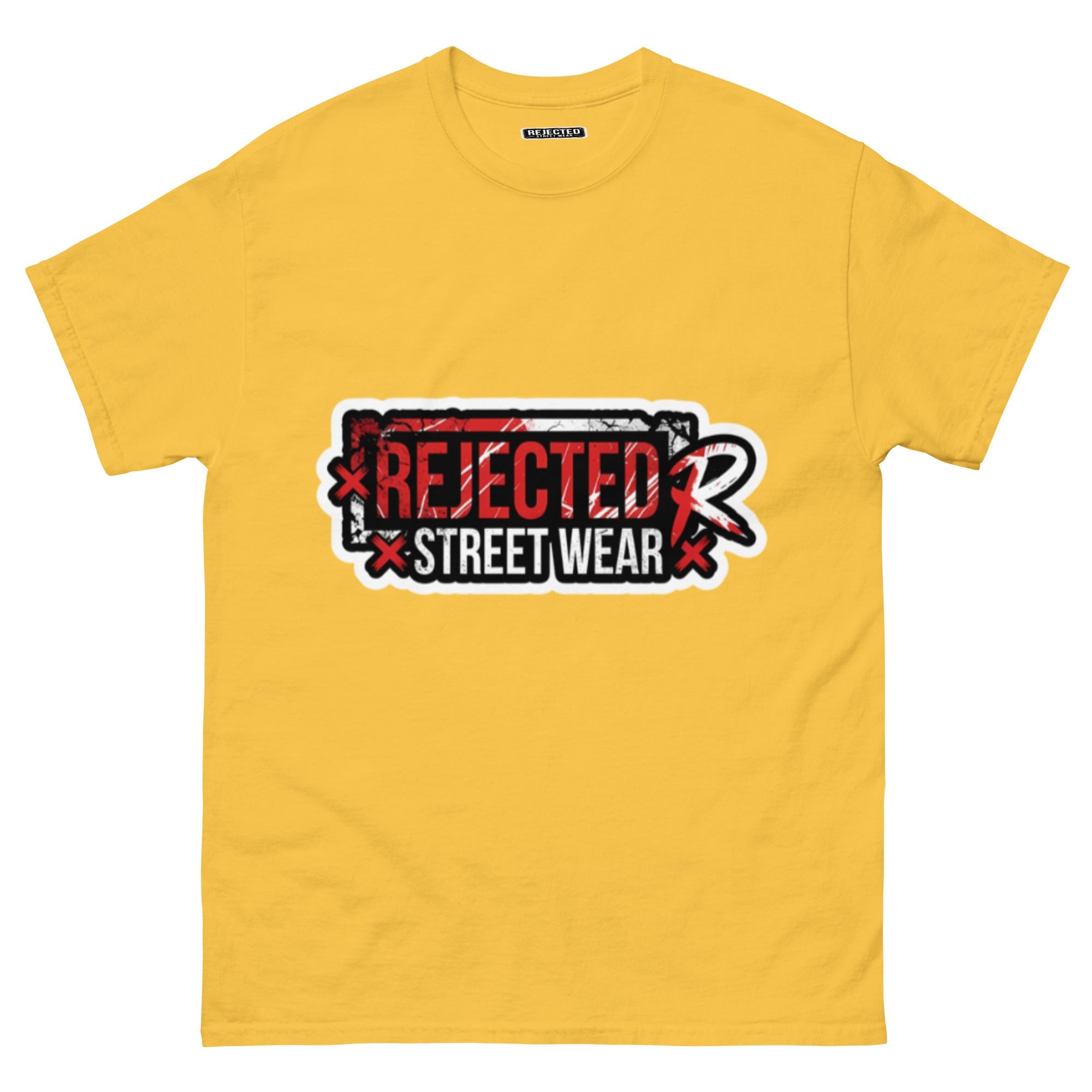 Rejected Street Wear red box logo tee — red-framed REJECTED STREET WEAR stamp with corner x marks and a red slash