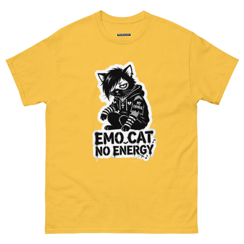Emo Cat No Energy tee — grey cat with side-swept bangs and a patched hoodie under spray-paint lettering