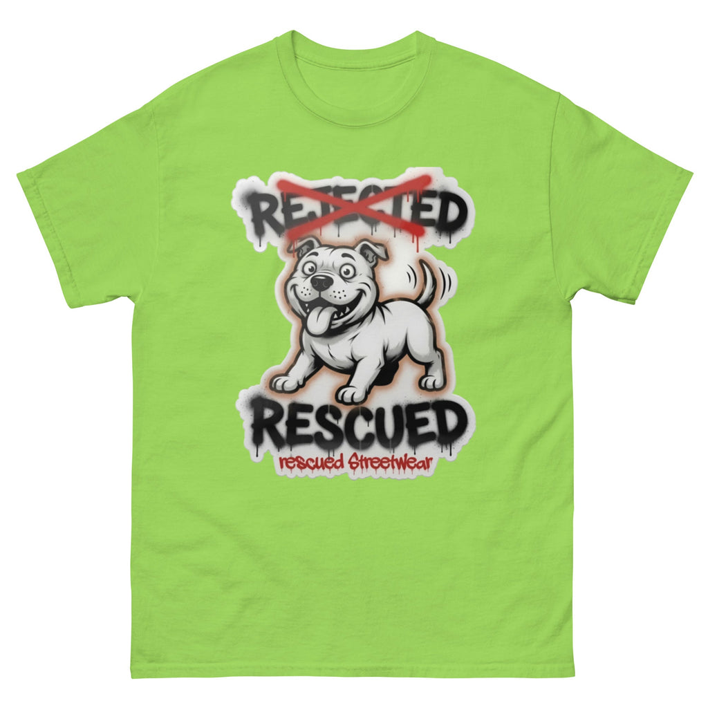 Rescued pit bull tee — white pit bull with REJECTED crossed out in red and RESCUED sprayed underneath