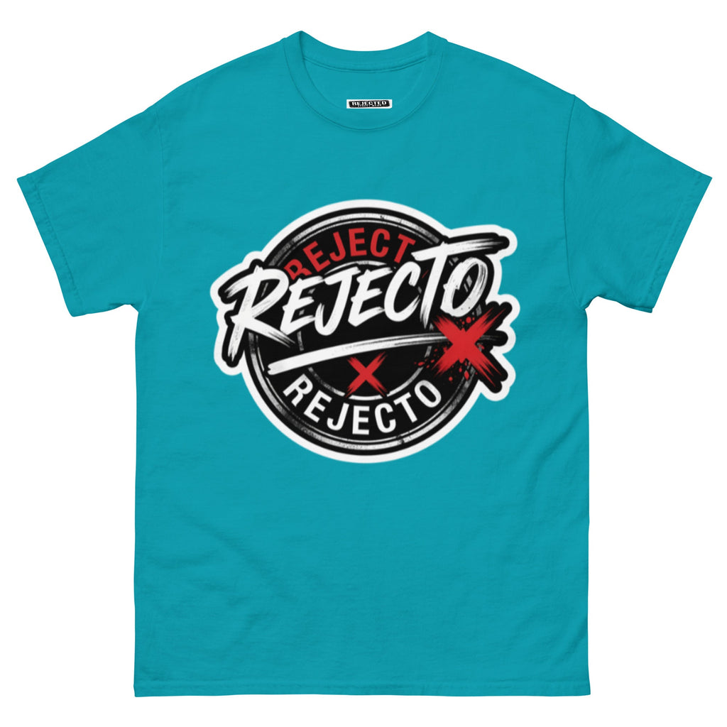 Rejected Street Wear emblem tee — black circle badge with white brush script and a red X slash