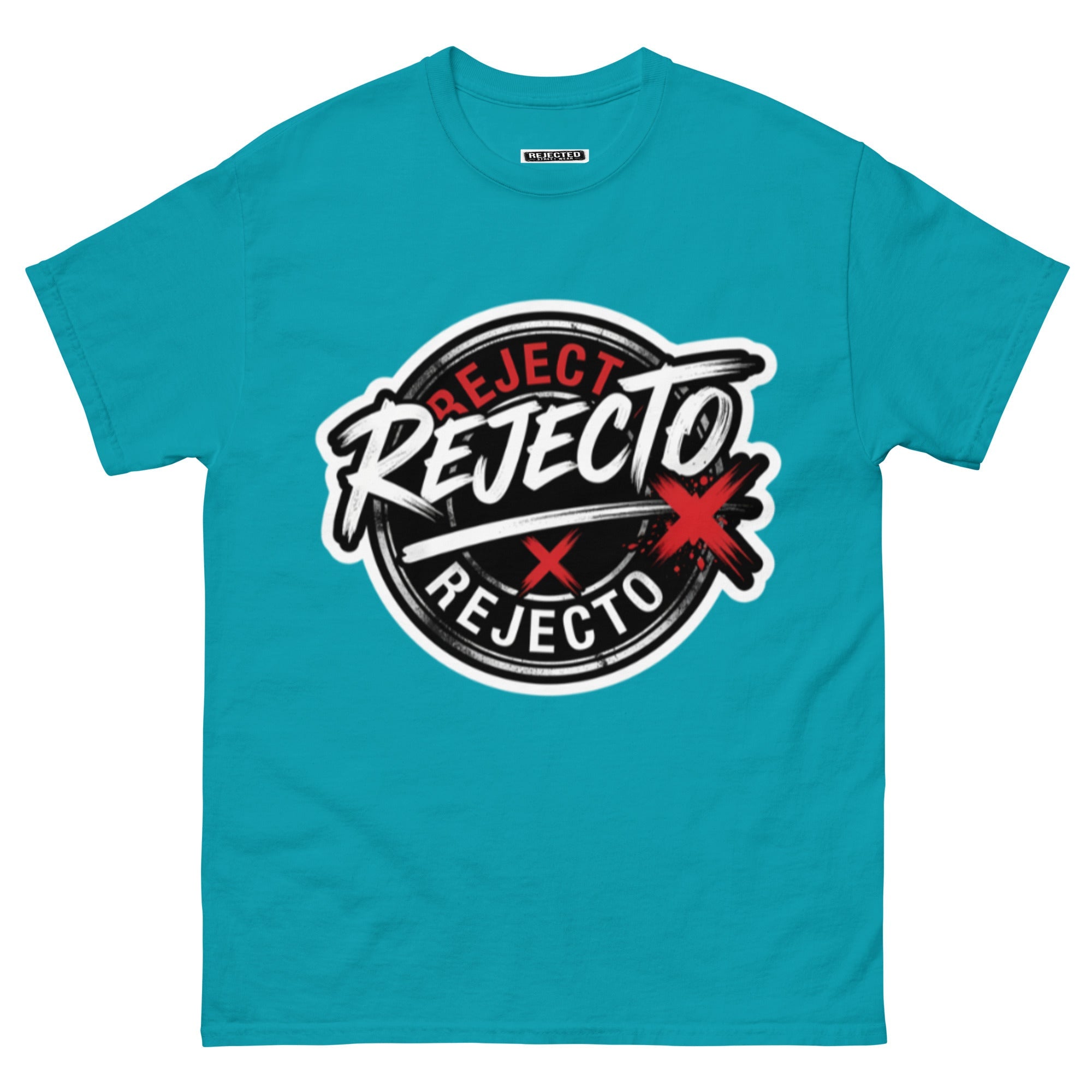 Rejected Street Wear emblem tee — black circle badge with white brush script and a red X slash