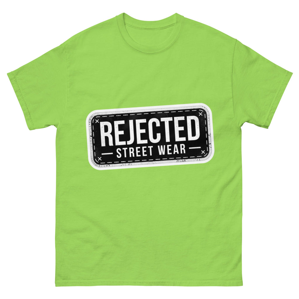 Rejected Street Wear plate logo tee — stamped black plate with a dashed border, corner x marks and REJECTED STREET WEAR inside