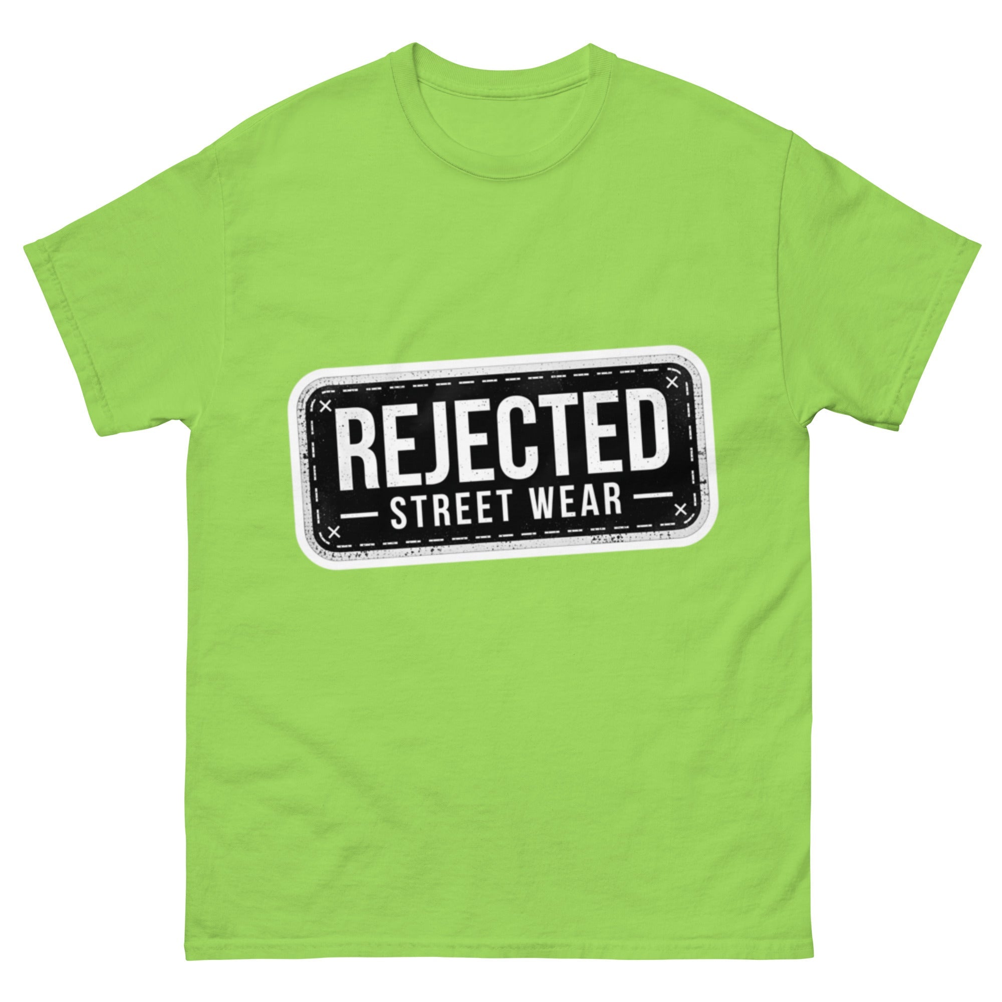 Rejected Street Wear plate logo tee — stamped black plate with a dashed border, corner x marks and REJECTED STREET WEAR inside
