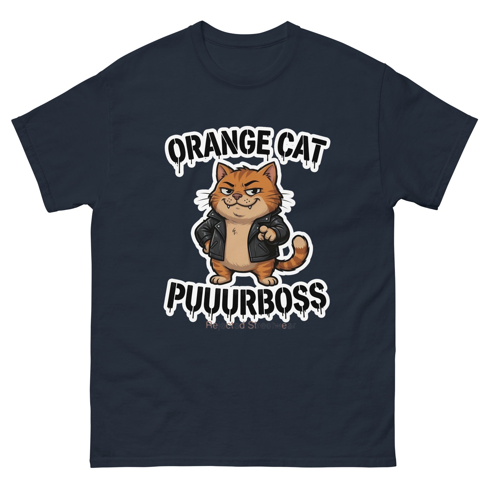 Purrboss orange cat tee — orange tabby in a leather jacket, arms crossed, under arched graffiti lettering