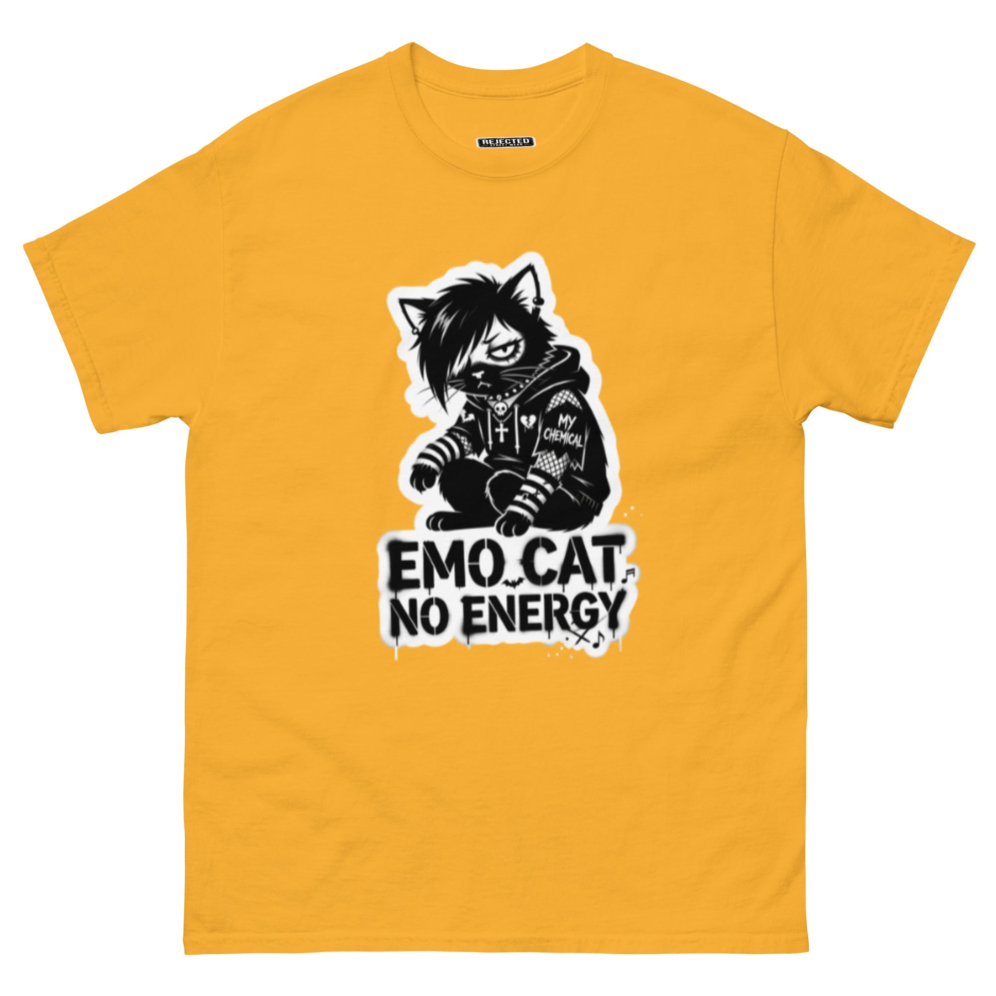 Emo Cat No Energy tee — grey cat with side-swept bangs and a patched hoodie under spray-paint lettering