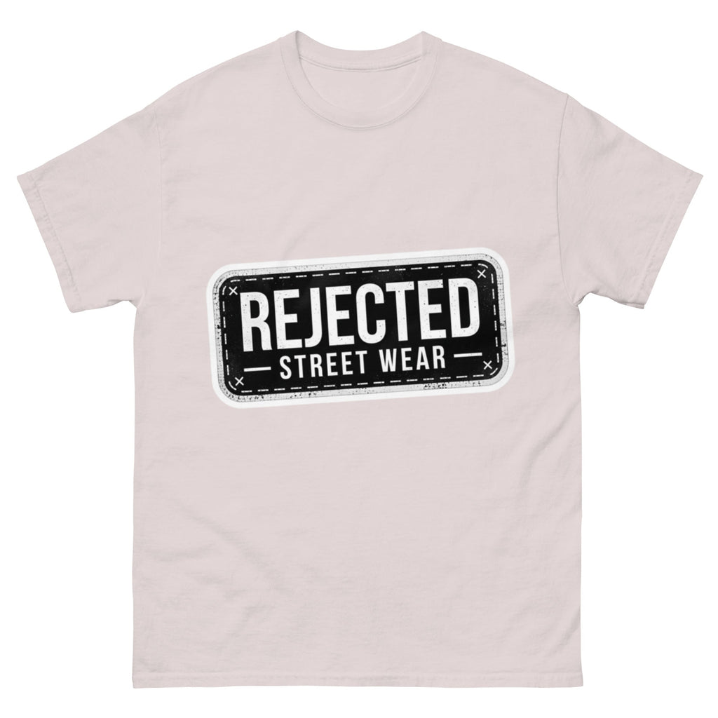 Rejected Street Wear plate logo tee — stamped black plate with a dashed border, corner x marks and REJECTED STREET WEAR inside