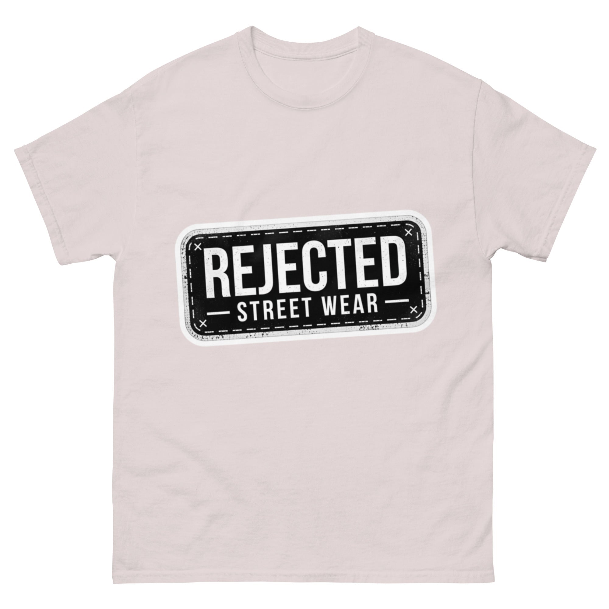 Rejected Street Wear plate logo tee — stamped black plate with a dashed border, corner x marks and REJECTED STREET WEAR inside