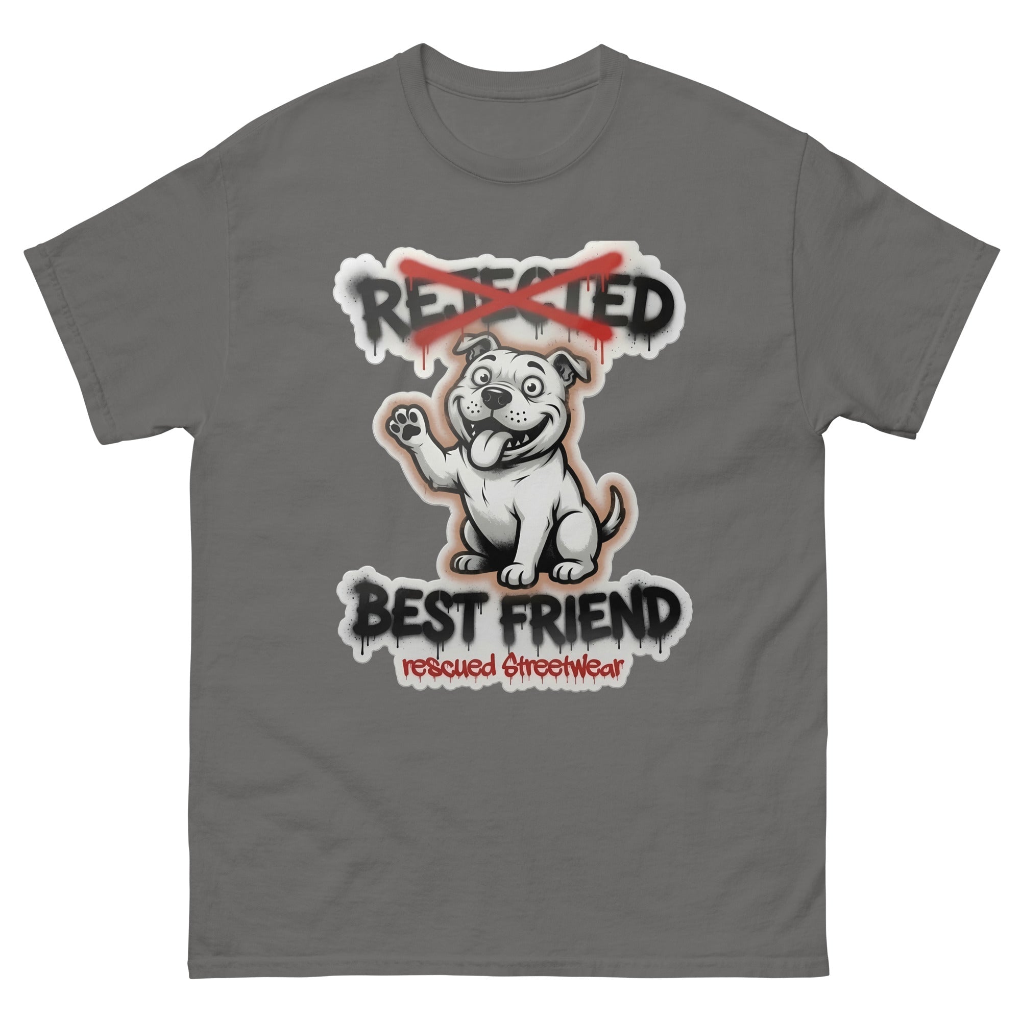 Best Friend pit bull tee — white bully pup waving a paw with REJECTED crossed out in red and BEST FRIEND sprayed below