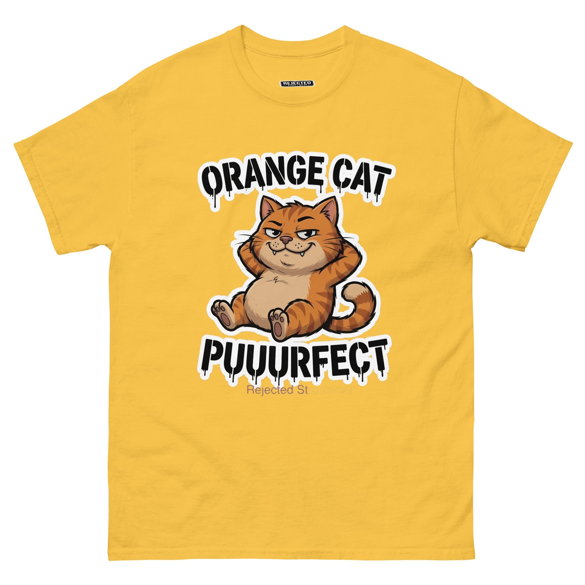 Orange Cat Puuurfect tee — chunky reclined orange tabby under arched drippy graffiti lettering