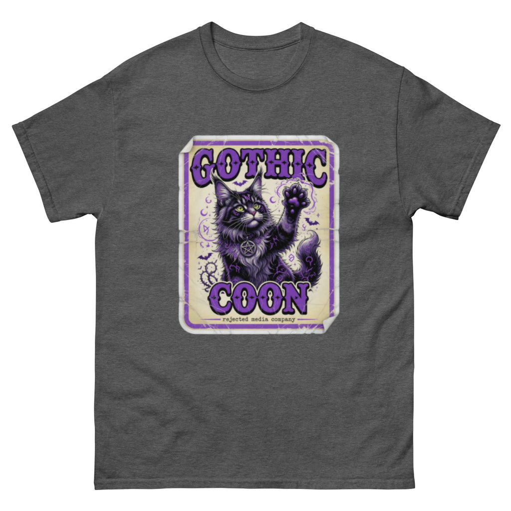 Gothic Coon tee — purple and black Maine Coon cat with a pentacle collar and one paw raised, vintage poster frame