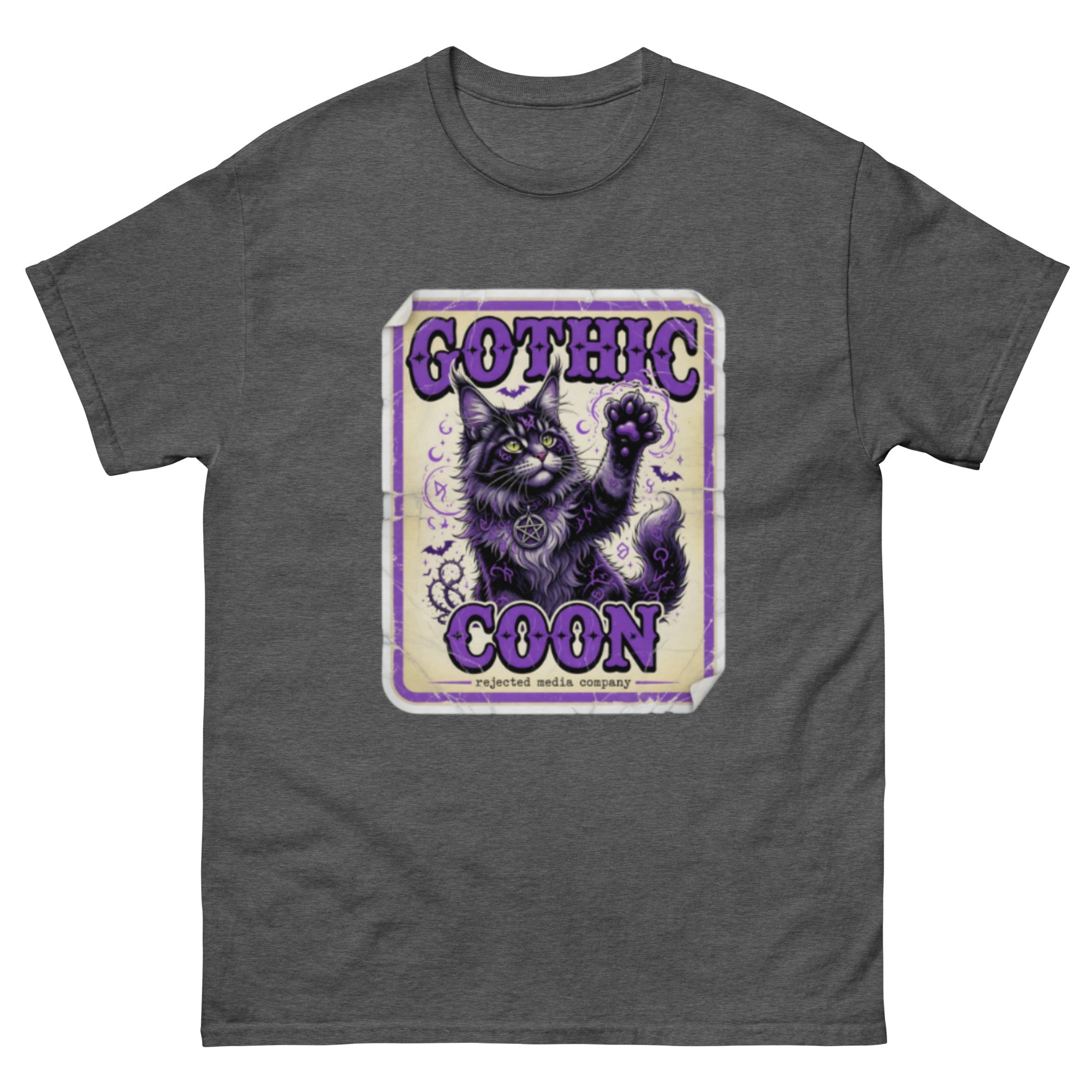 Gothic Coon tee — purple and black Maine Coon cat with a pentacle collar and one paw raised, vintage poster frame