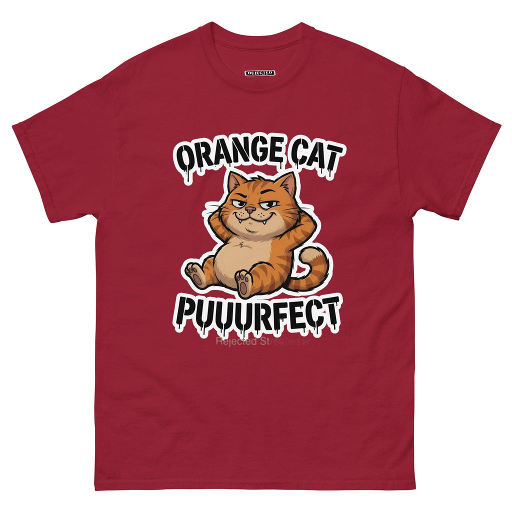 Orange Cat Puuurfect tee — chunky reclined orange tabby under arched drippy graffiti lettering
