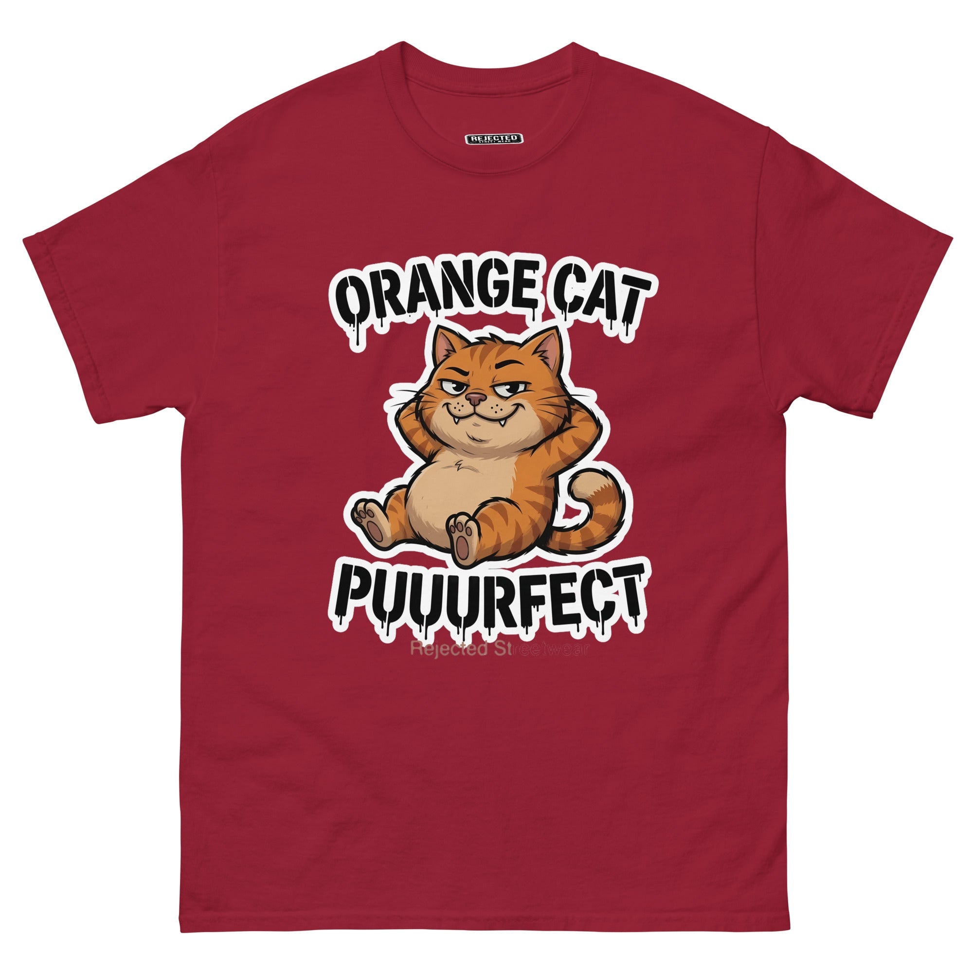 Orange Cat Puuurfect tee — chunky reclined orange tabby under arched drippy graffiti lettering