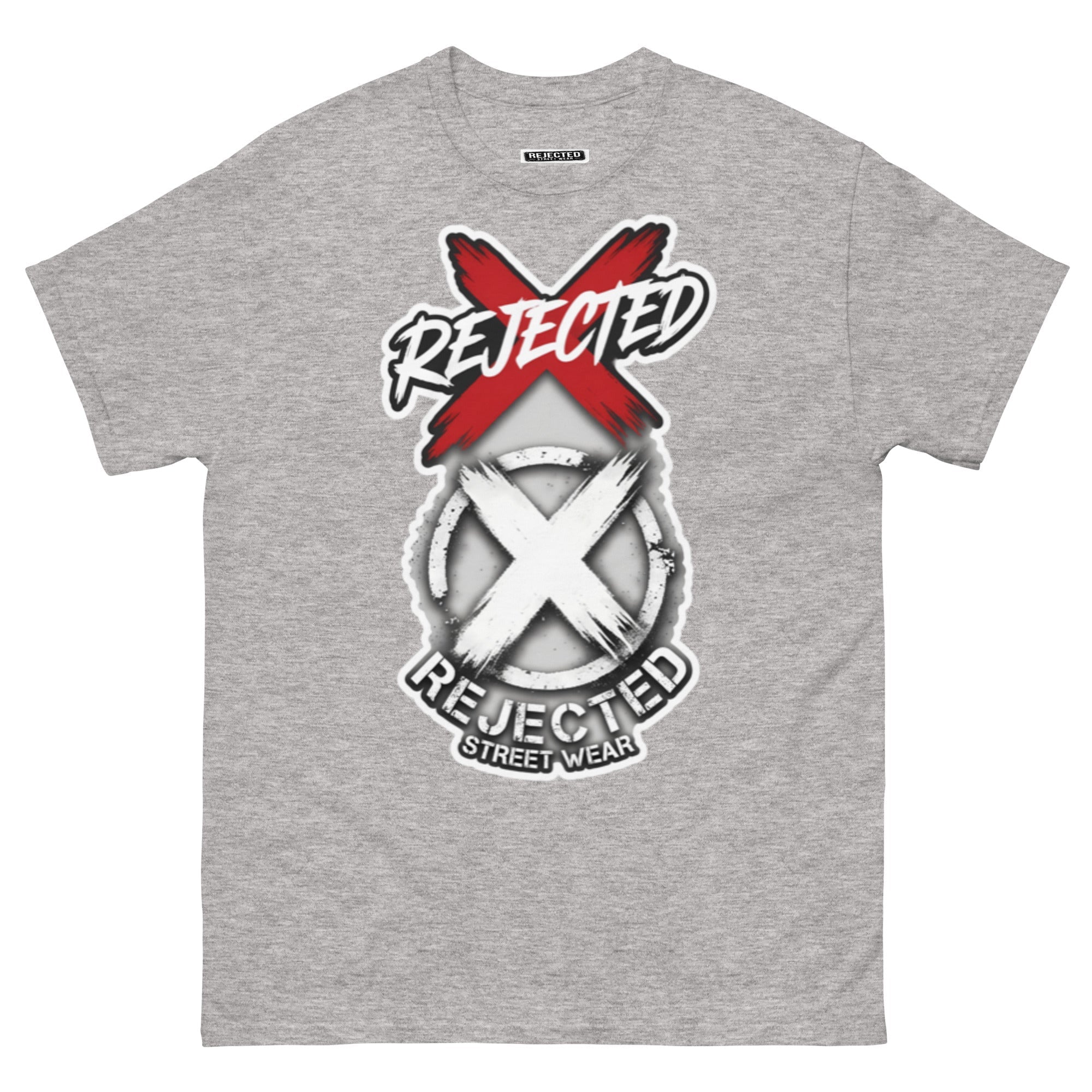 Reject Labels Be Human tee — REJECTED crossed out in red above the X emblem with the word Human underneath